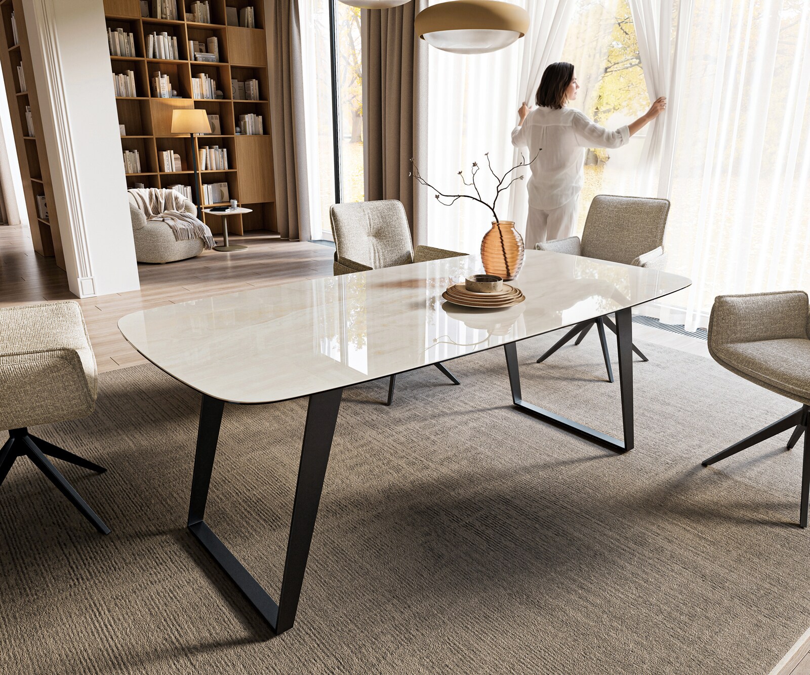 Esstisch Edge Boot 200x100 cm Keramik Onyx Champagne Metall Schräg Schwarz