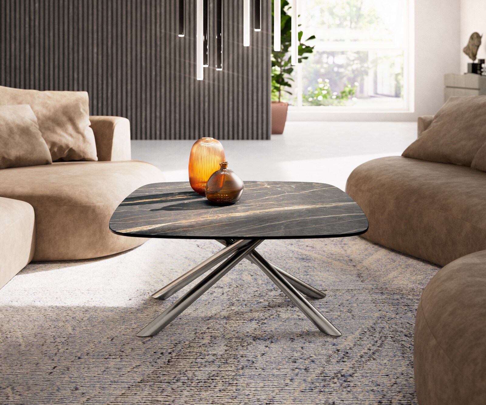 Couchtisch Edge Boot 90x90 cm Keramik Laminam® Noir Desir Braun Sarity Edelstahl gebürstet 2