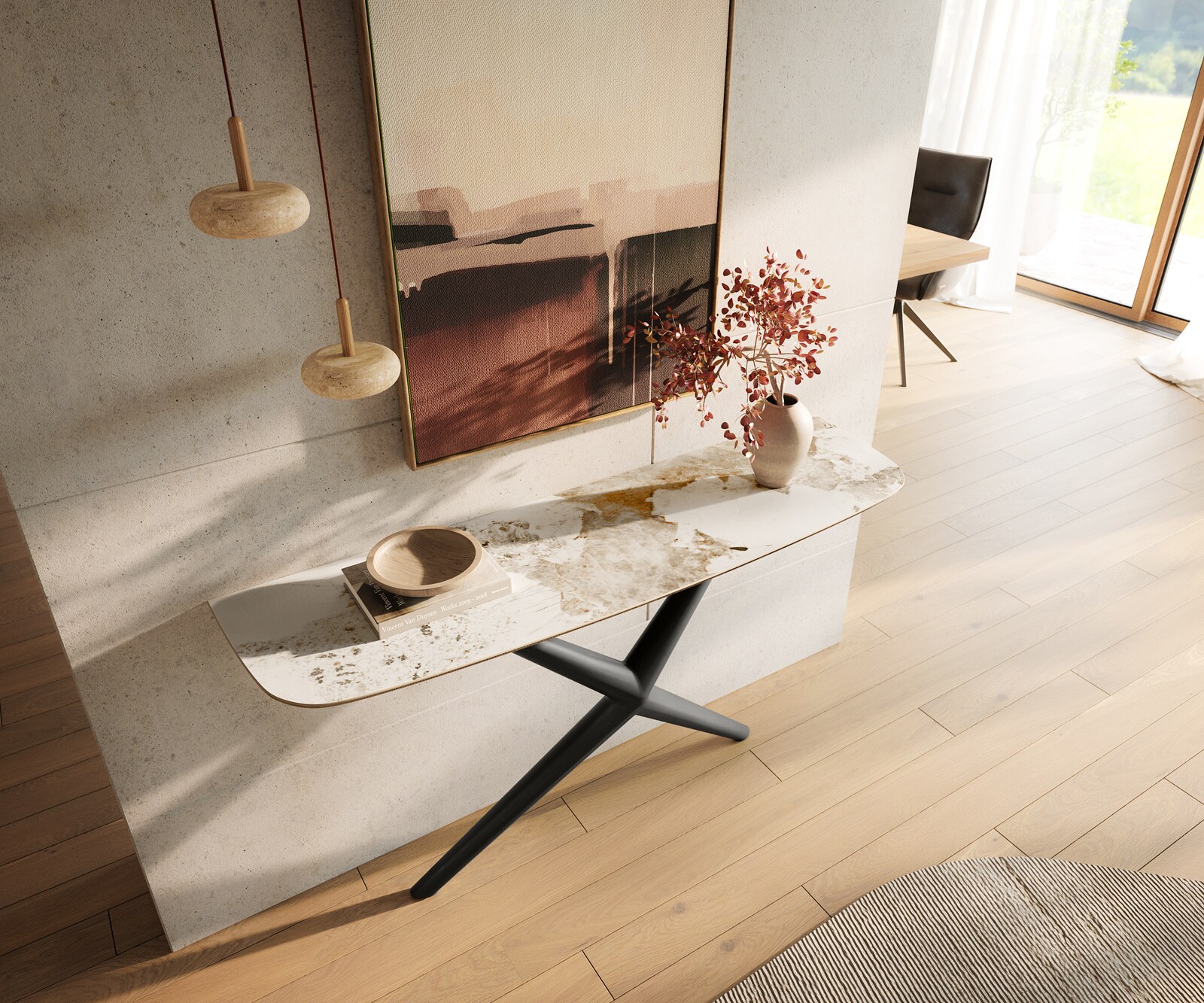 Console Edge forme bateau 140x40 cm Céramique Minas Melange Weiß-Beige Estelo Métal Noir 2