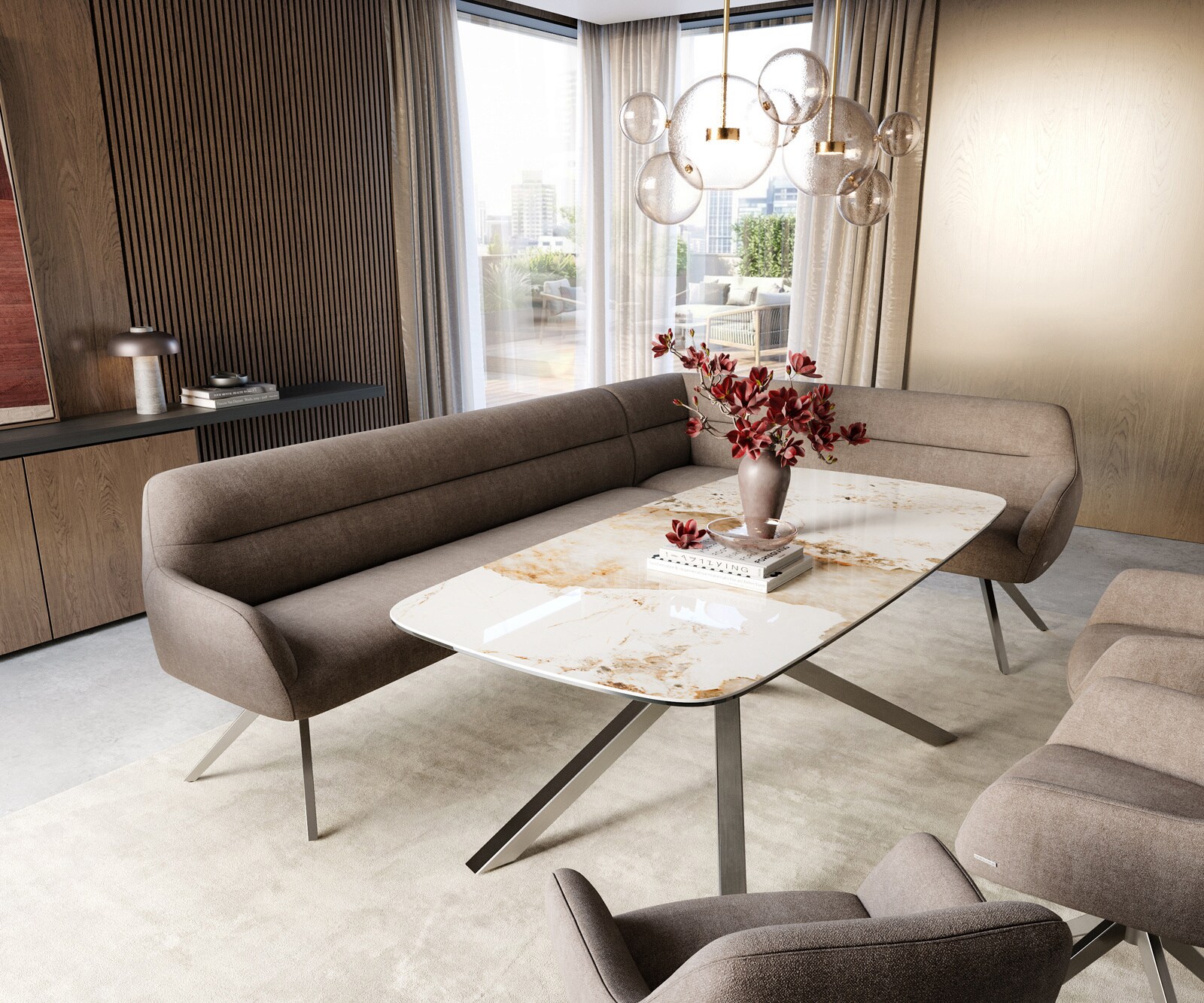 Esszimmerbank Taya-Flex 285x190 cm Strukturstoff Soft Taupe Kreuzgestell kantig Edelstahl Taschenfederkern Links