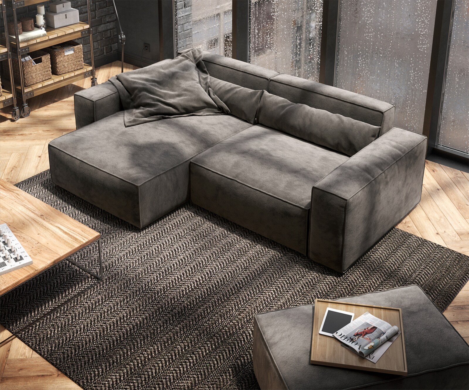 Canapé d'angle Sirpio 230x155 cm Microfibre Marron Kaki Recamiere variable avec Tabouret 3