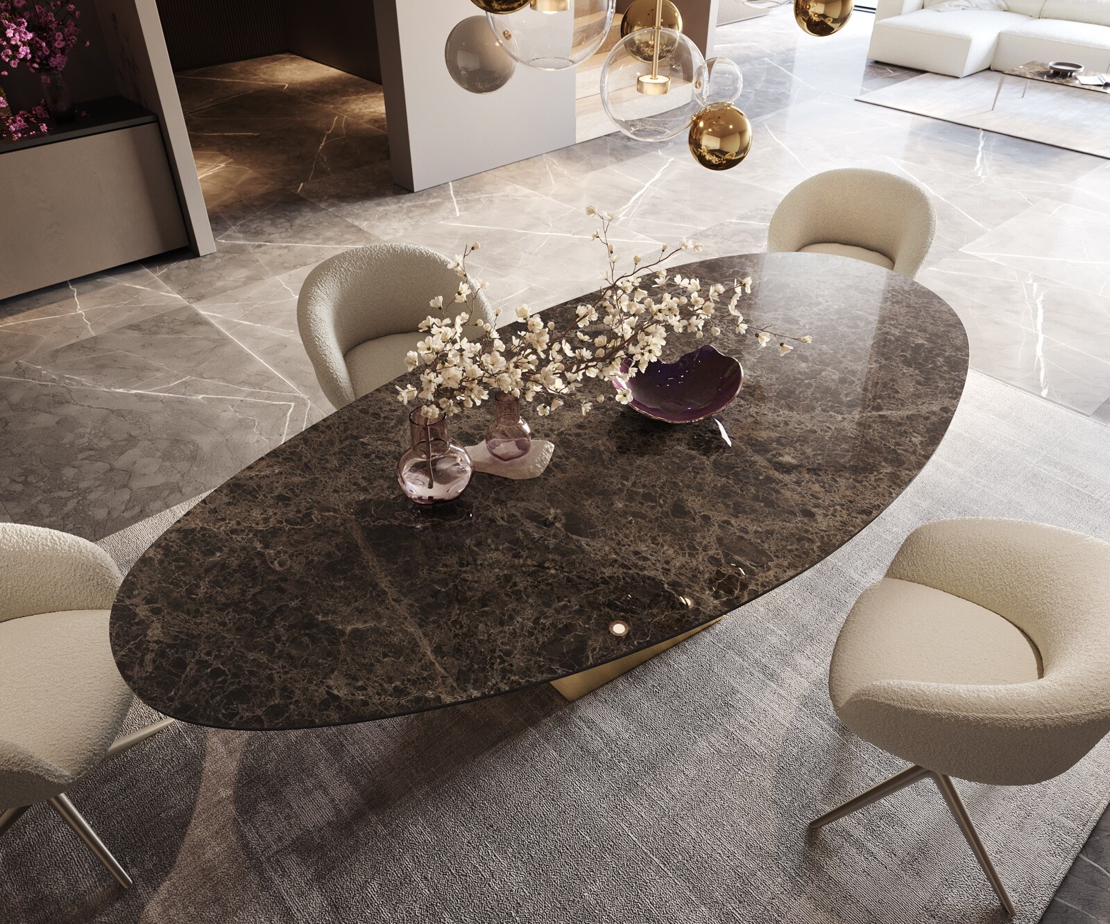 Table de salle à manger Edge Ovale Céramique Emperador Extra Lucidato Brun foncé 280x130 Prisma Métallique Or 5