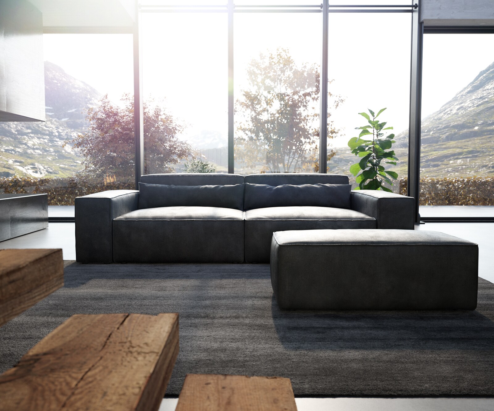 Big-Sofa Sirpio XL 270x130 cm Lederimitat Vintage Anthrazit mit Hocker 1