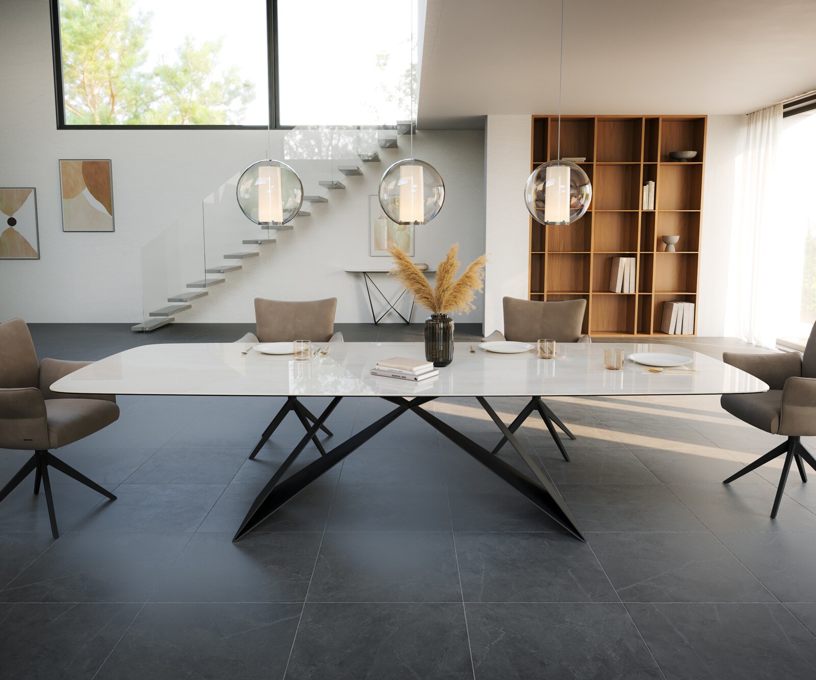 Table à manger Edge Boot 300x120 cm Céramique Onyx Champagne piètement en V Acier plat Noir 2