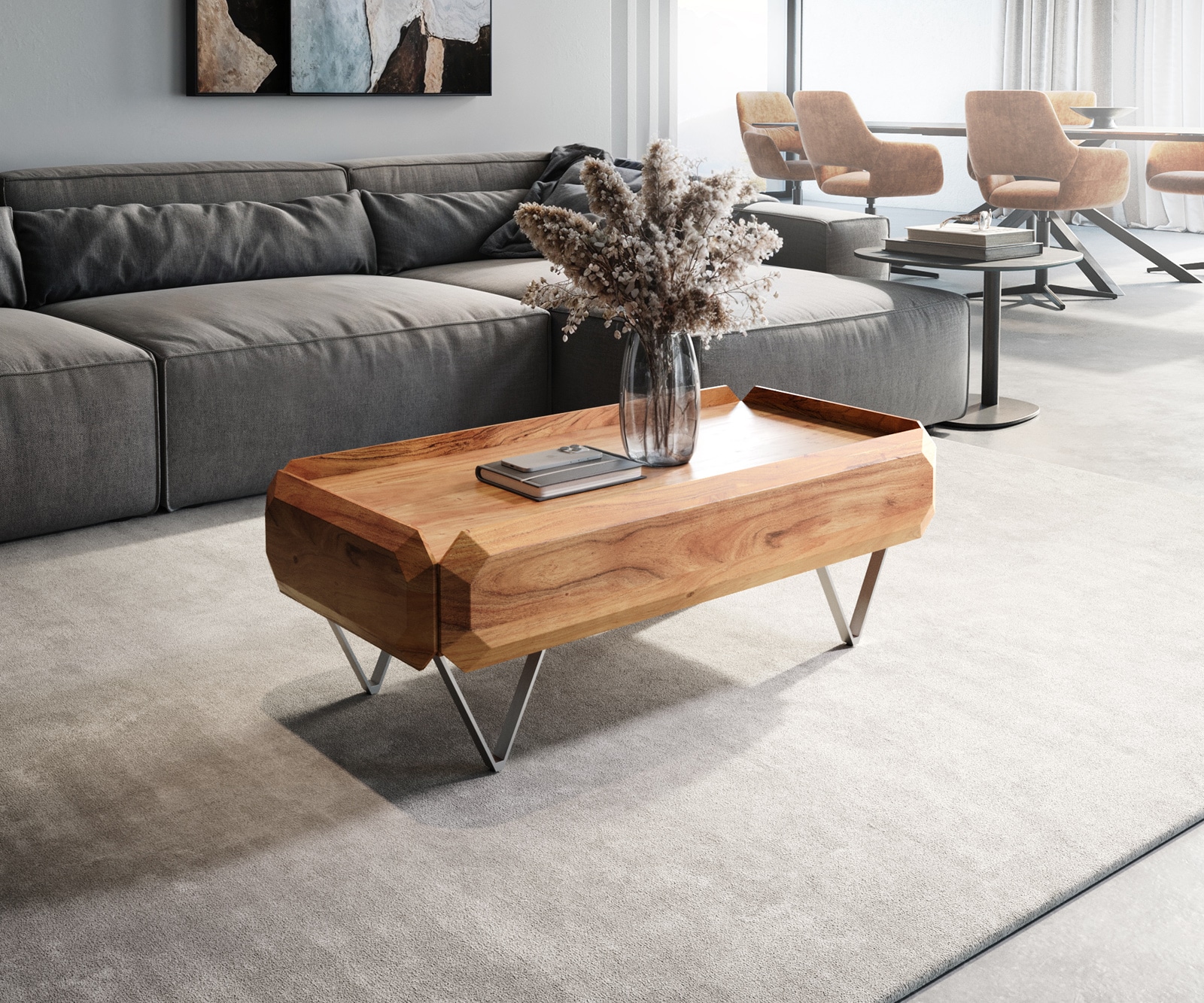 Couchtisch Kiano 100x50 cm Akazie Natur 2 Schübe V-Fuß Edelstahl Couchtisch Kiano 100x50 cm Akazie Natur 2 Schübe V-Fuß Edelstahl