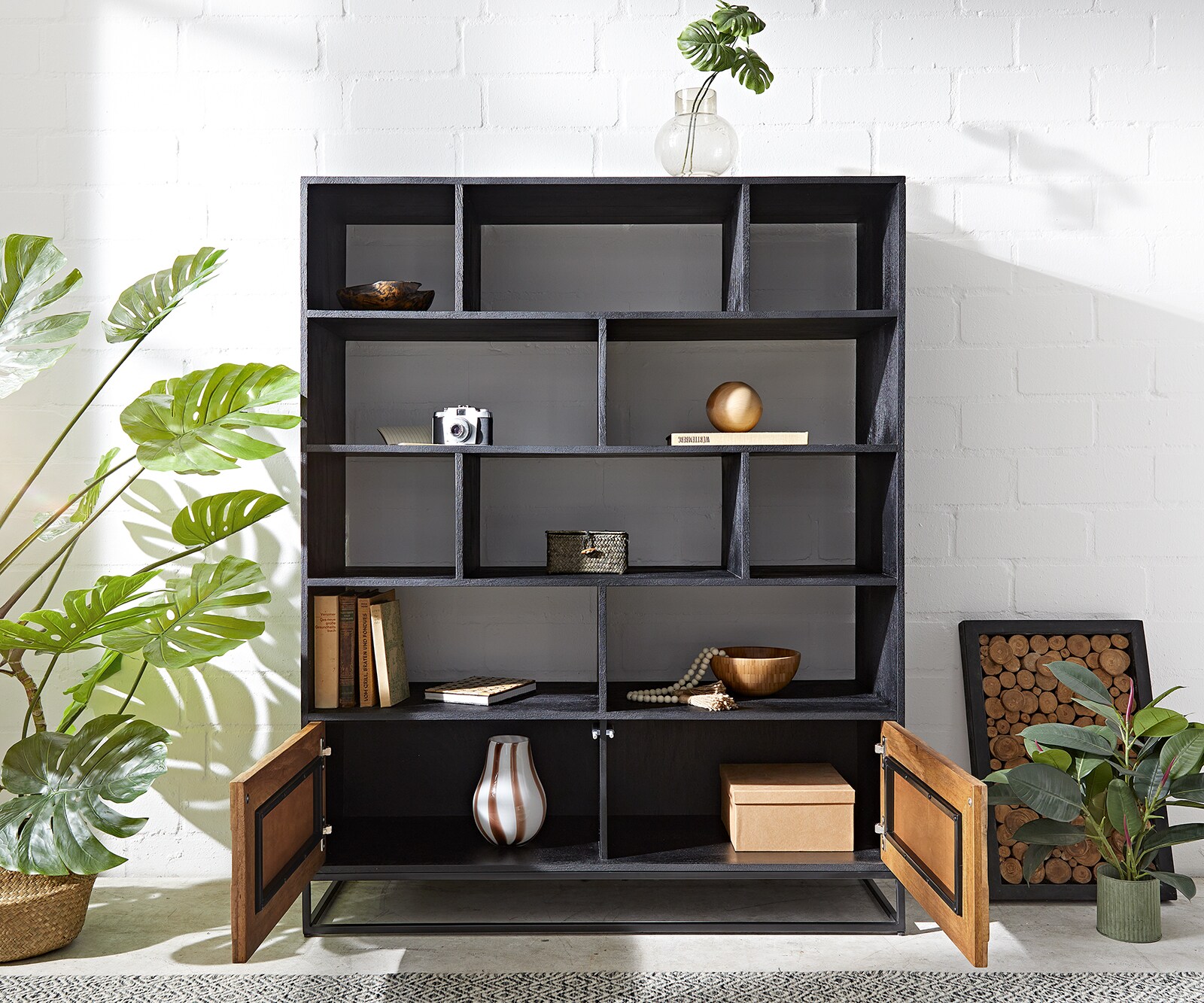 Buffet-haut Famke 120 cm Mango Teck 10 compartiments 2 portes 3