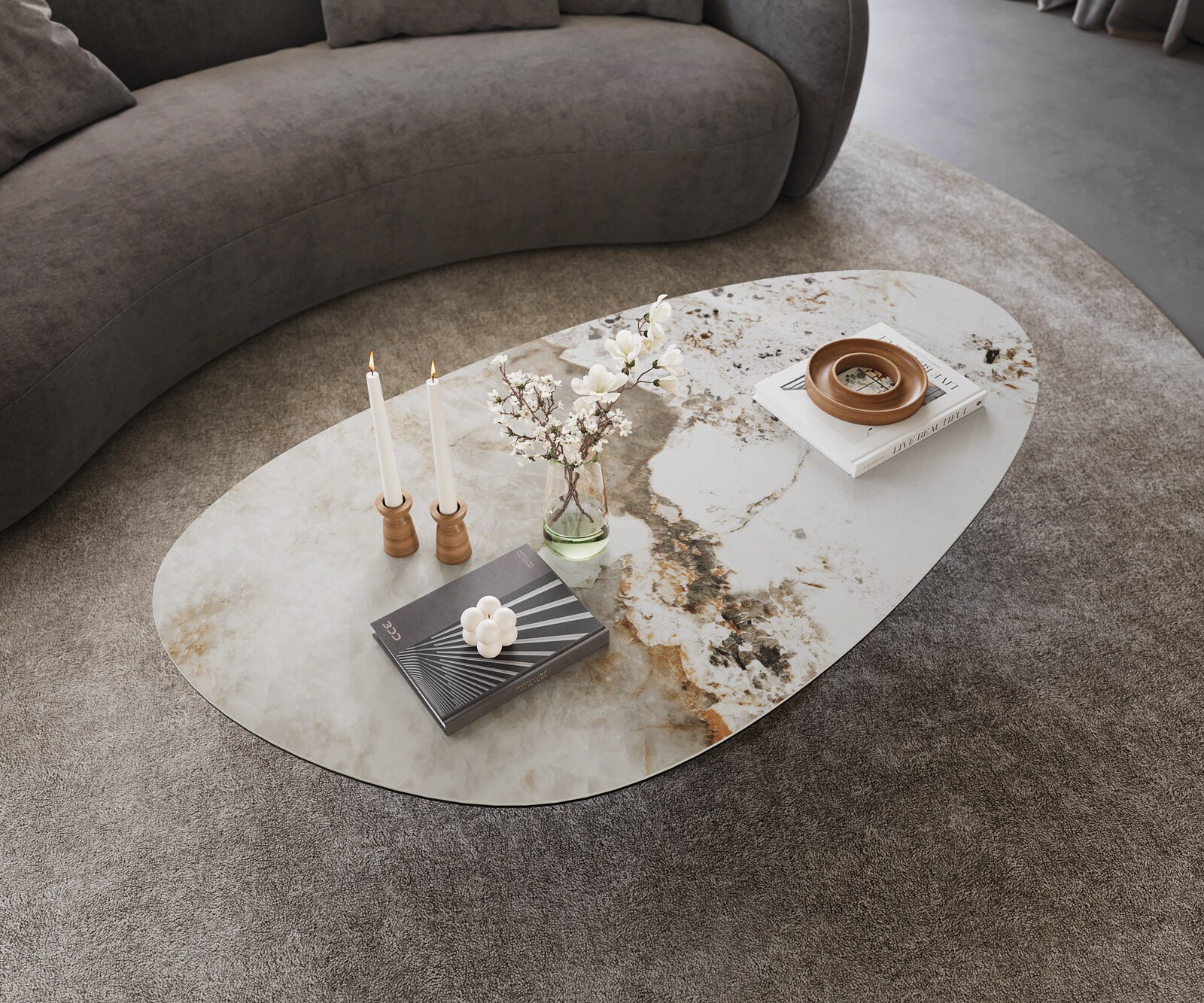 Table basse Edge Oval 140x75 cm céramique Minas Melange Vibany Metall finition effet titane 3