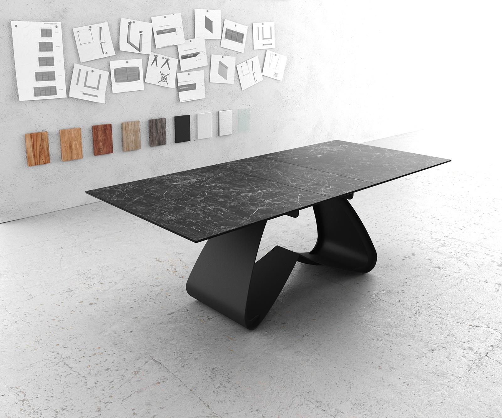 Esstisch Edge 180-220x100 Keramik Laminam®Nero Greco Anthrazit W-Gestell Schwarz ausziehbar