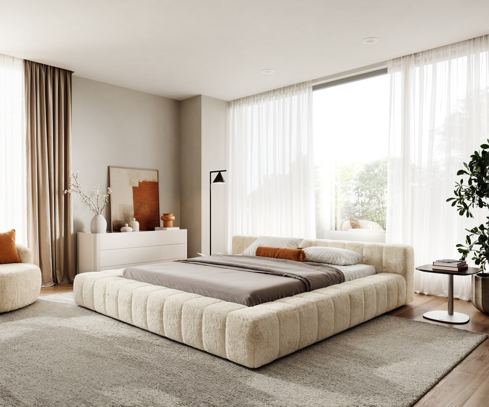 Polsterbettgestell Espazio 180x200 cm Plüsch Creme-Weiß