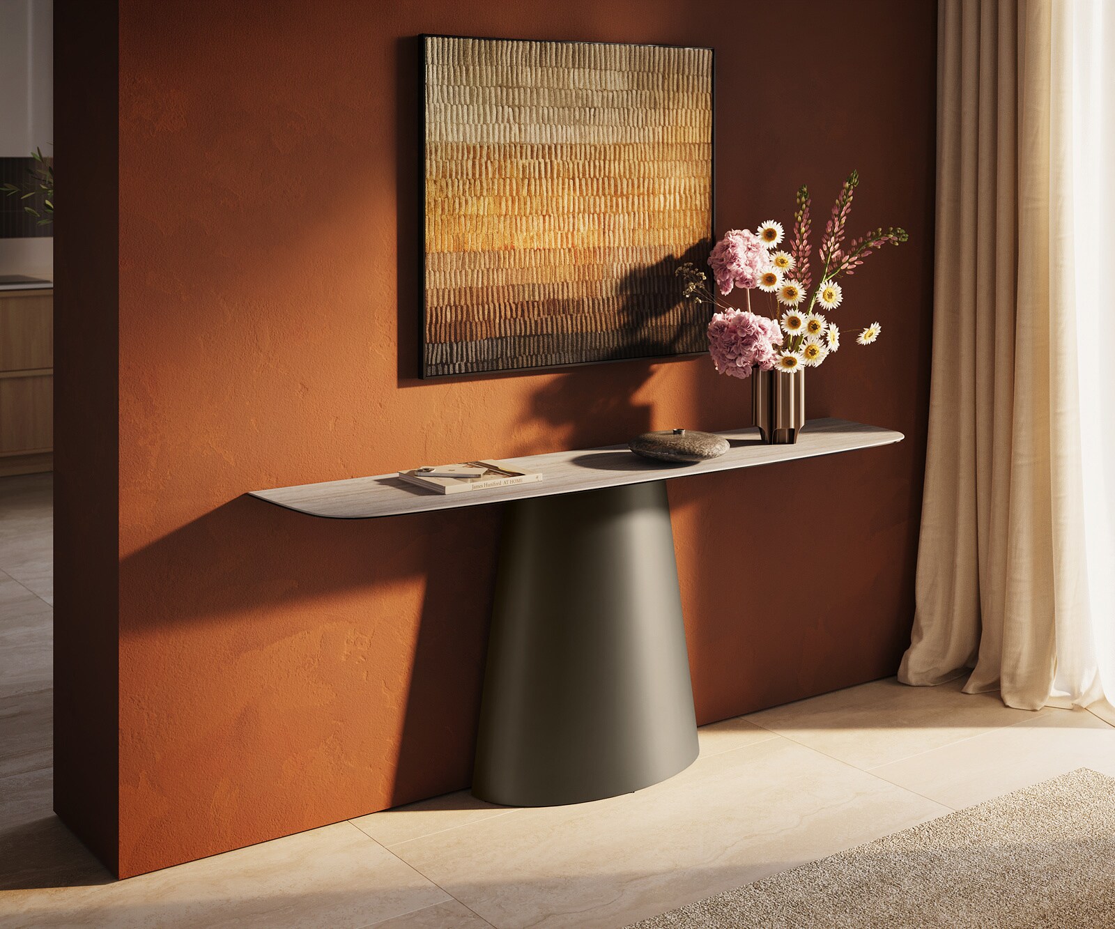 Console Edge forme bateau 180x40 cm Céramique Laminam® Travertino Bianco Creme-Weiß Conos Métal Effektfinish Titan