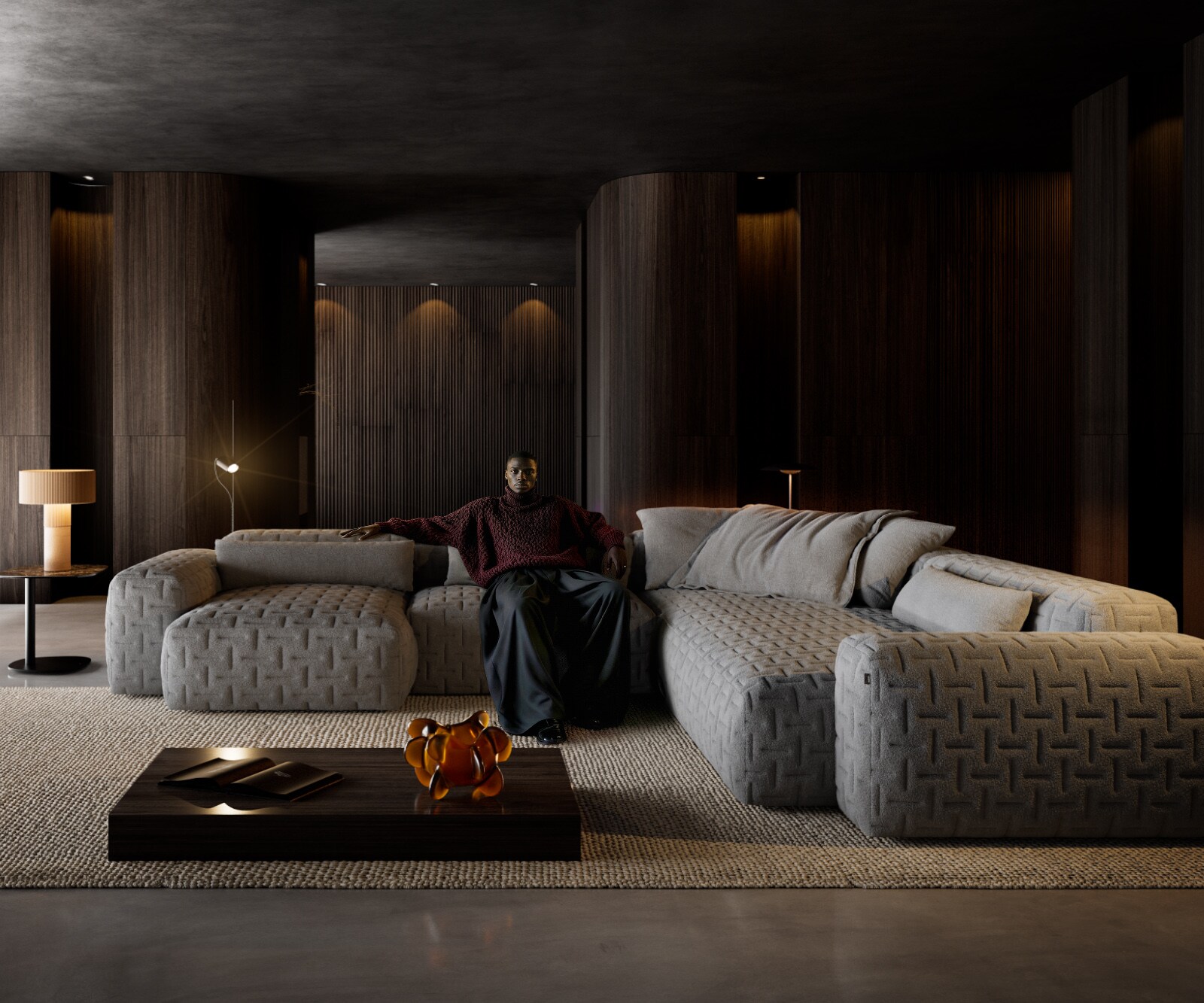 Wohnlandschaft Freestyle 360x290 cm Strukturstoff Soft Grau Gesteppt 1