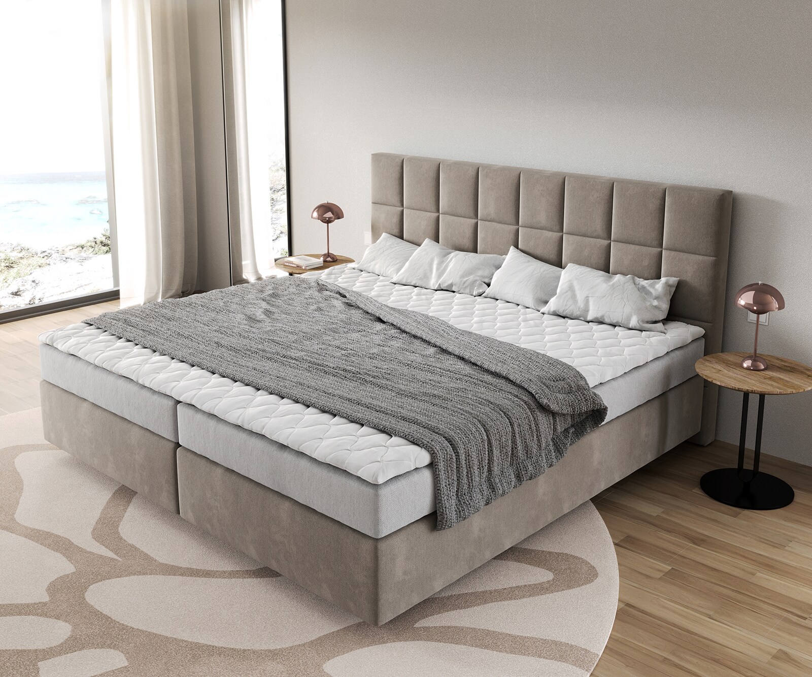 Boxspringbett Dream-Fine Mikrofaser Beige 200x200 cm Bonell-Matratze PU-Topper 3 Boxspringbett Dream-Fine Mikrofaser Beige 200x200 cm Bonell-Matratze PU-Topper 3