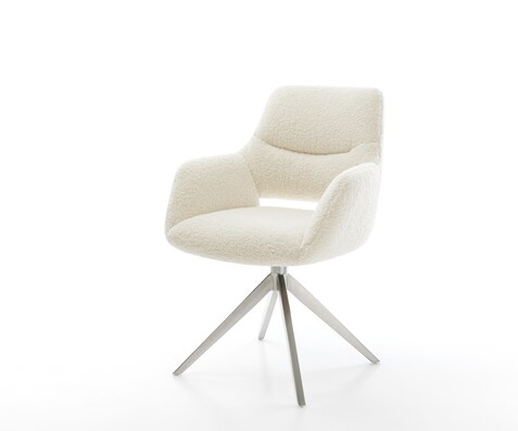 Drehstuhl Yago-Flex mit Armlehnen Teddystoff Beige Kreuzgestell breit Edelstahl 360° drehbar Wippfunktion Taschenfederkern