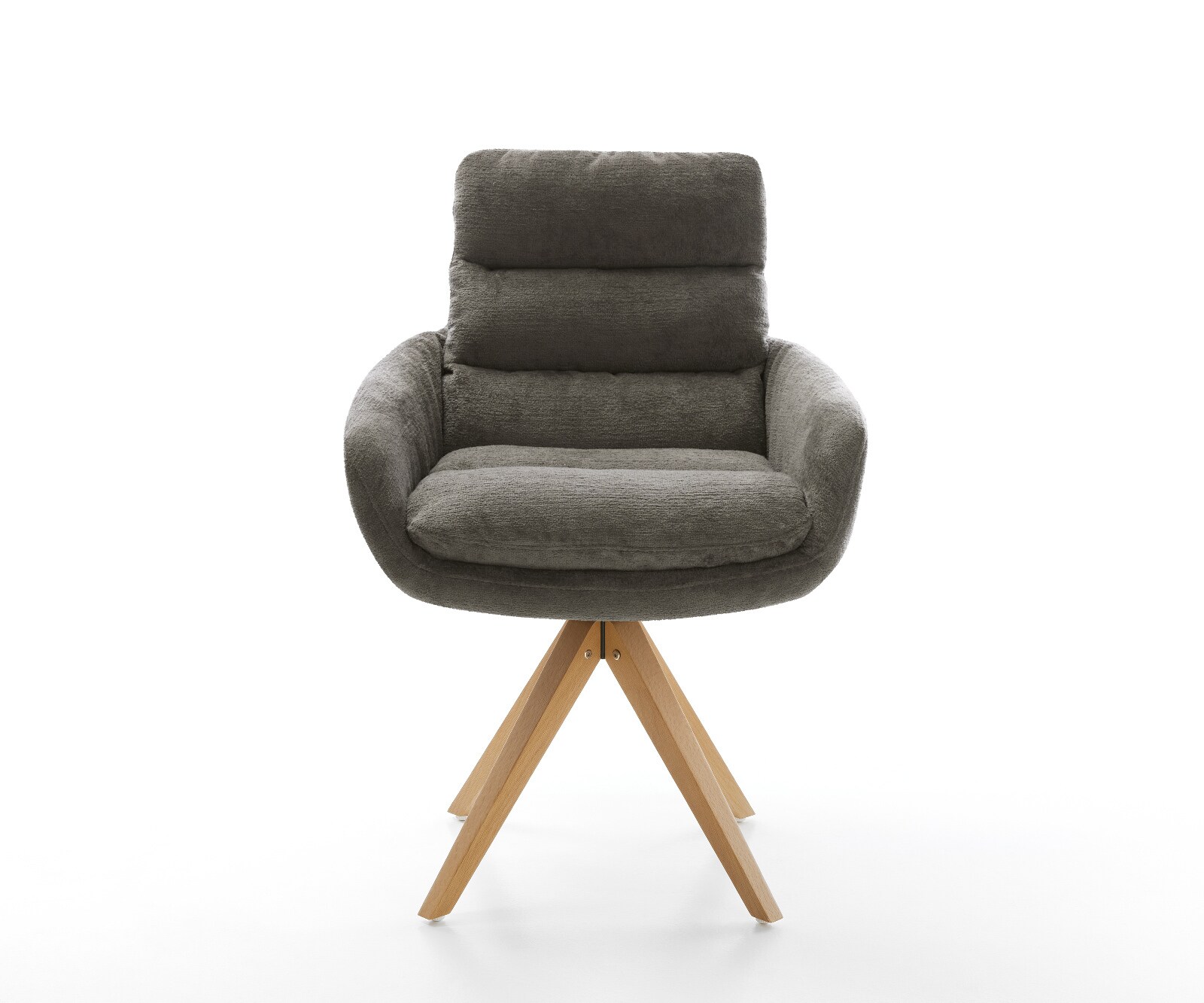 Chaise-pivotante Abelia-Flex avec accoudoirs bouclé doux couleur boue pied en bois angulaire naturel pivotement sur 180° 2