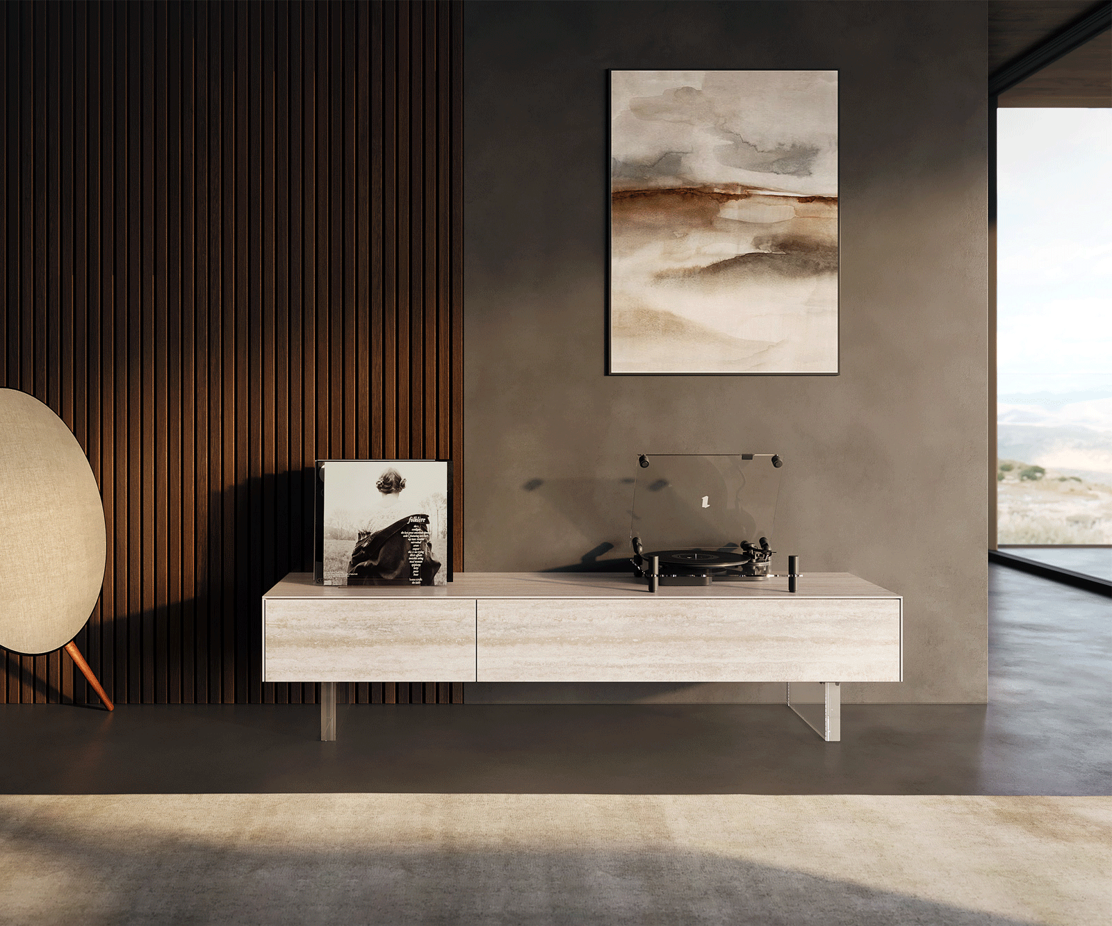 Meuble-TV Cuor 150 cm Céramique Laminam® Travertino Bianco Crème-blanc 1 Clapet 1 Tiroir Pied optique flottant Verre acrylique 1