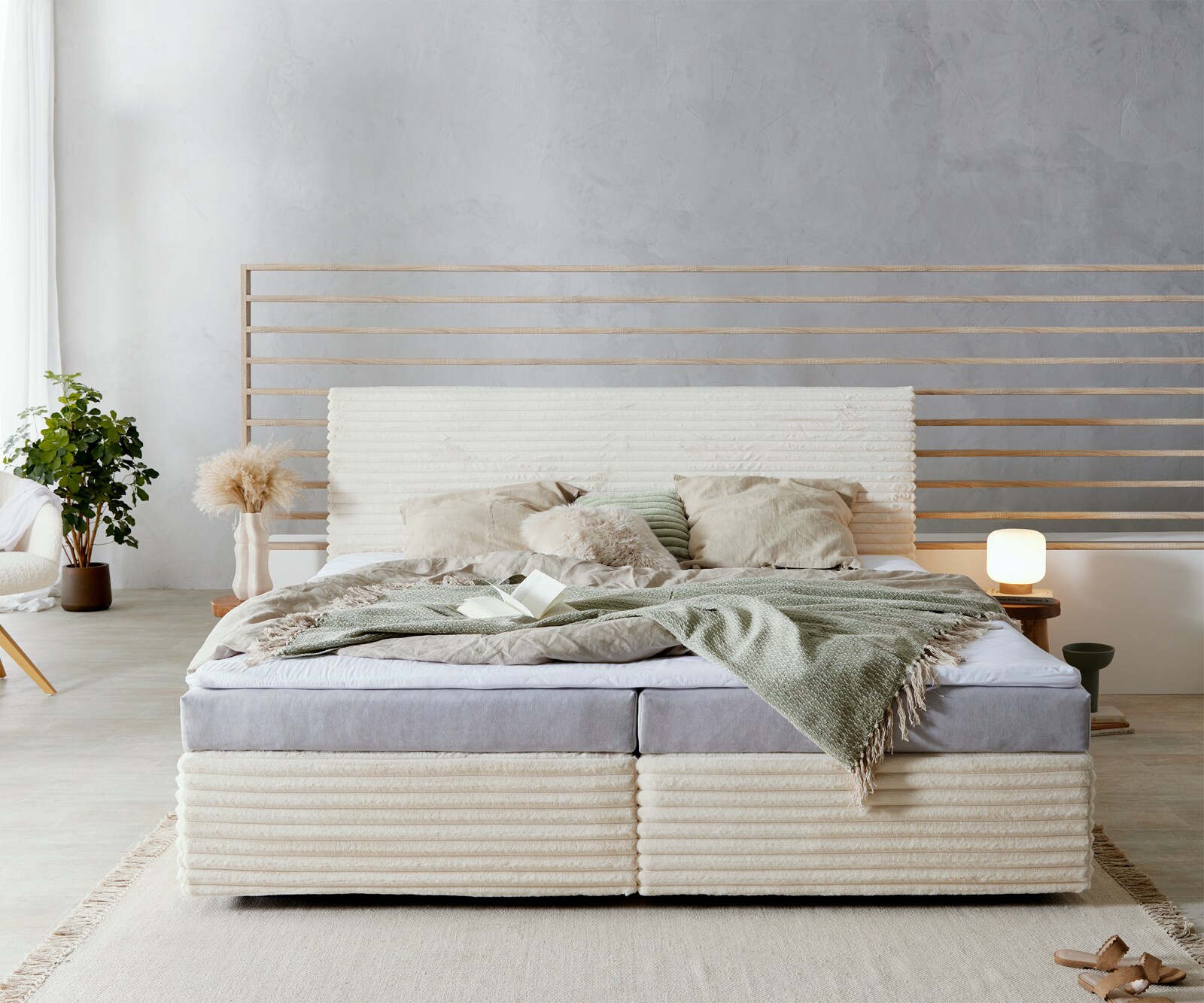 Lit-à-sommier-tapissier Dream-Well Velours côtelé en peluche beige 200x200 cm Matelas Bonell Surmatelas PU 1