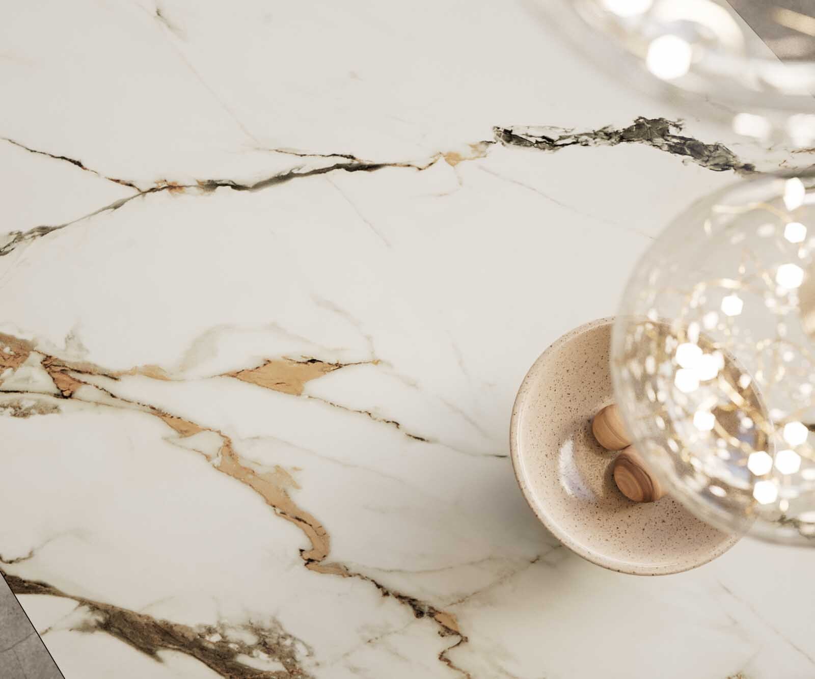 Esstisch Edge 200-300x100 Keramik Calacatta Luxe Weiß-Gold-Grau Wave Edelstahl ausziehbar 2