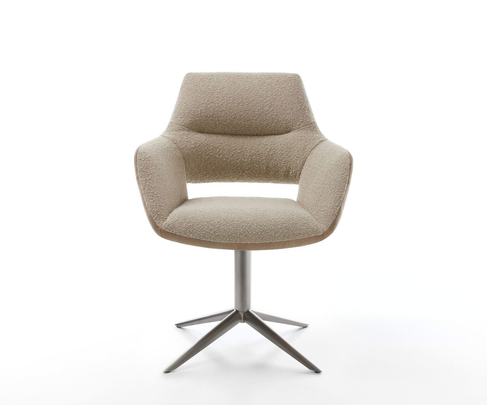Chaise-pivotante Yago-Flex avec accoudoirs tissu mixte couleur boue pied de chaise 4 branches acier inoxydable brossé pivotement sur 360° fonction bascule ressorts ensachés 1