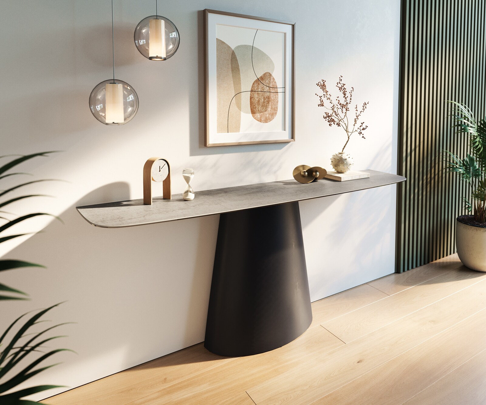Console Edge forme bateau 180x40 cm Céramique Gris béton Conos Métal Noir