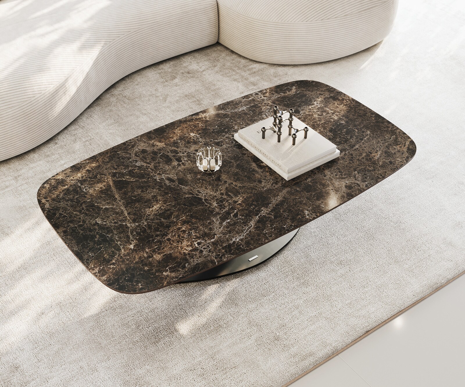 Table basse Edge bateau 140x80 cm céramique Emperador Extra Lucidato brun foncé Vibany métal noir 4