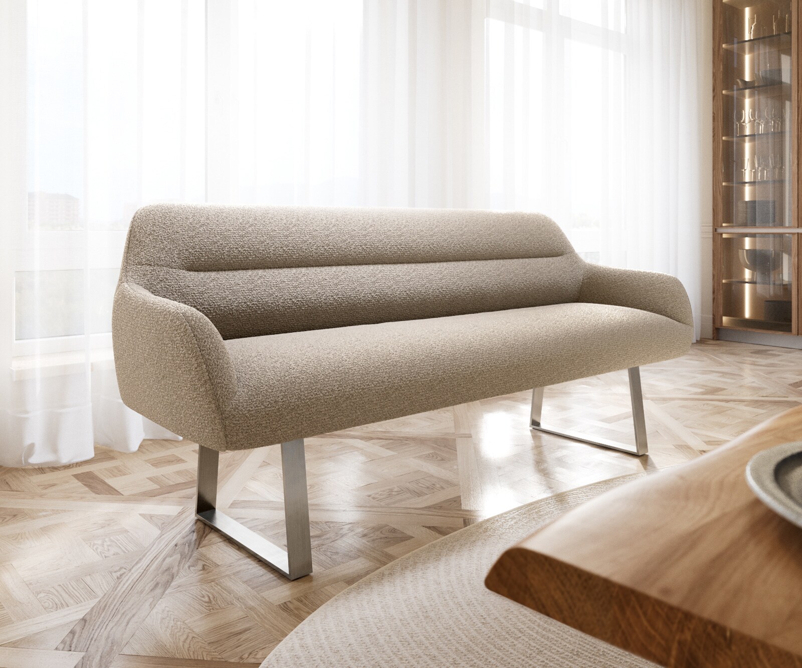 Esszimmerbank Taya-Flex 200 cm Bouclé Schlamm Kufengestell kantig Edelstahl Taschenfederkern