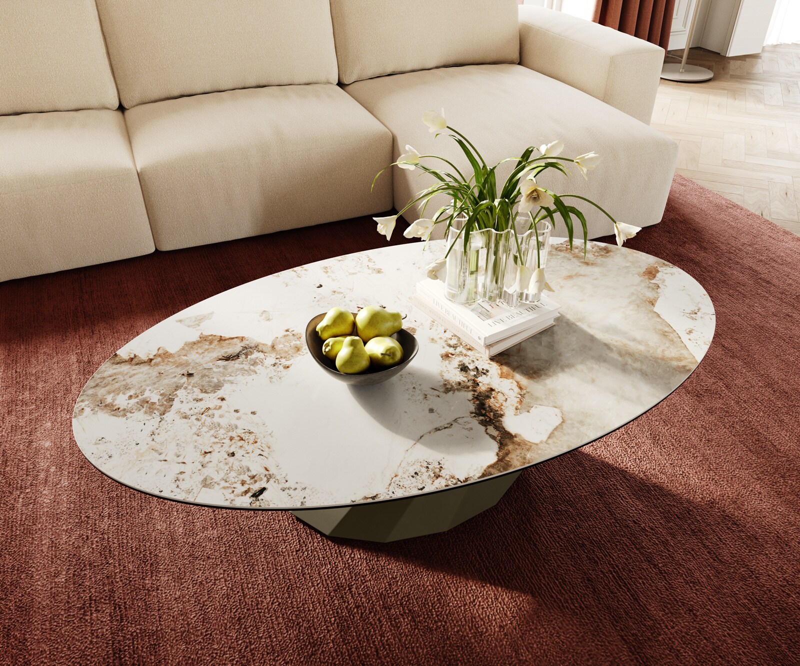 Table basse Edge Oval 140x80 cm céramique Minas Melange Parabi Metall finition effet titane 4