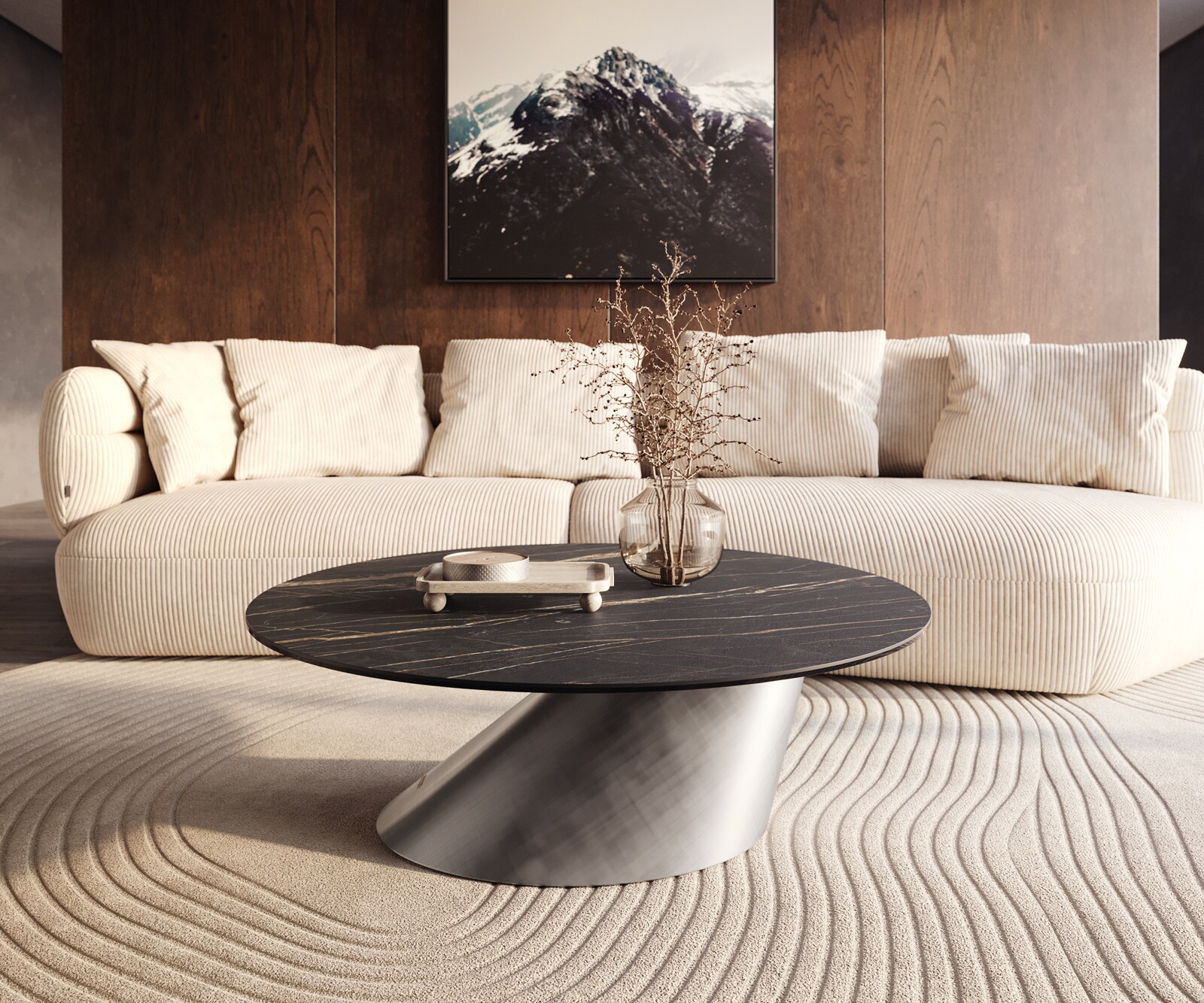 Table basse Edge rond 100x100 cm céramique Laminam® Noir Desir brun Conis argent métallique 6