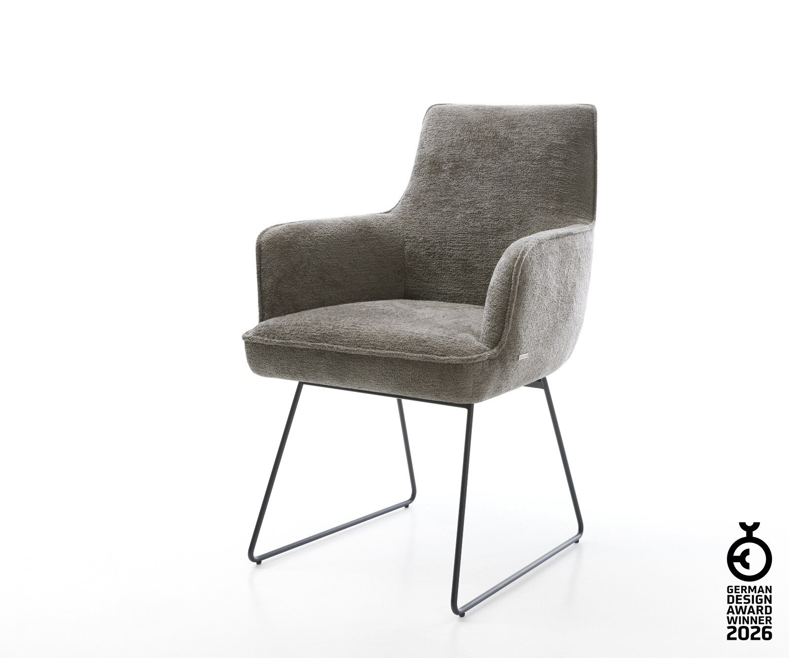 Chaise-de-salle-à-manger Heira-Flex avec accoudoirs bouclé doux couleur boue pied trapèze noir resorts ensachés 1