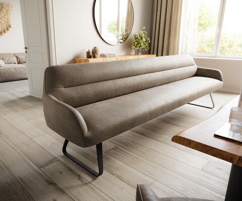 Esszimmerbank Taya-Flex 300 cm Mikrofaser Taupe Vintage Kufengestell flach Schwarz Taschenfederkern