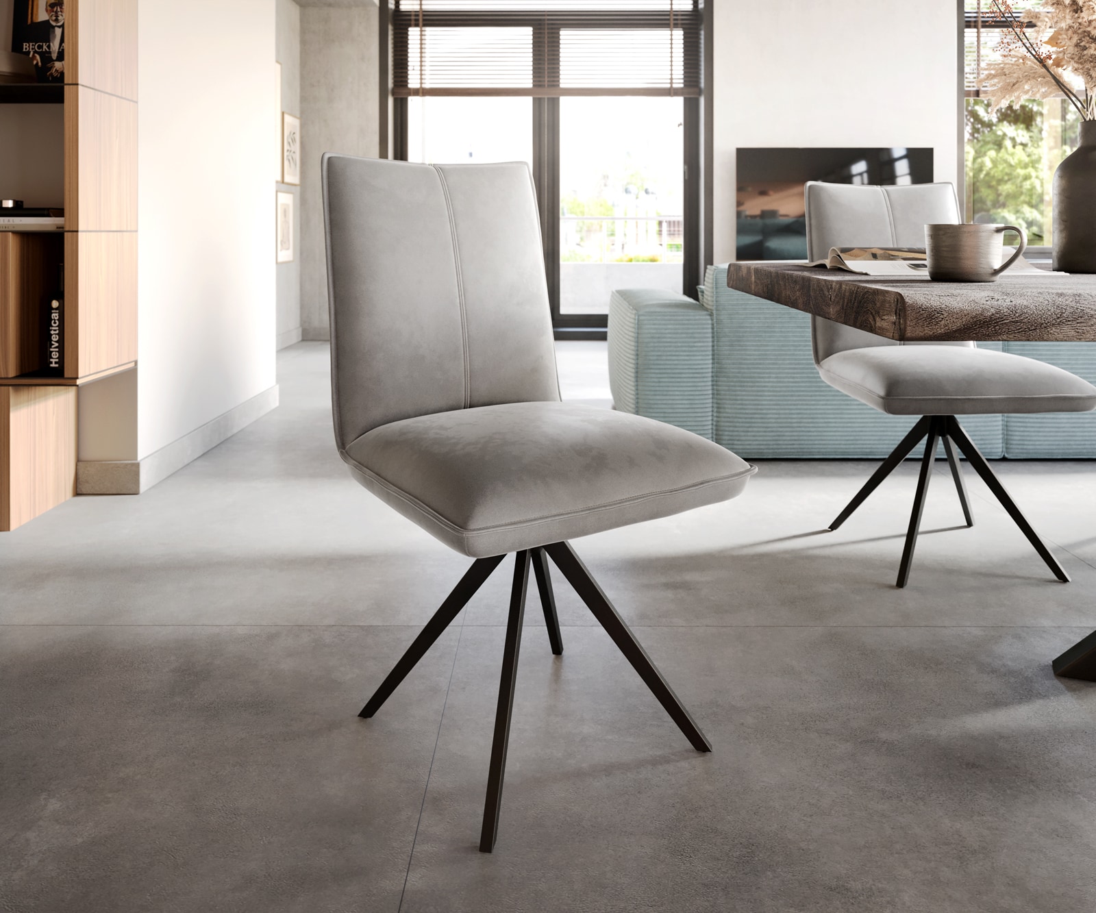 Drehstuhl Lelio-Flex Samt Grau Kreuzgestell breit Schwarz 360° drehbar Taschenfederkern