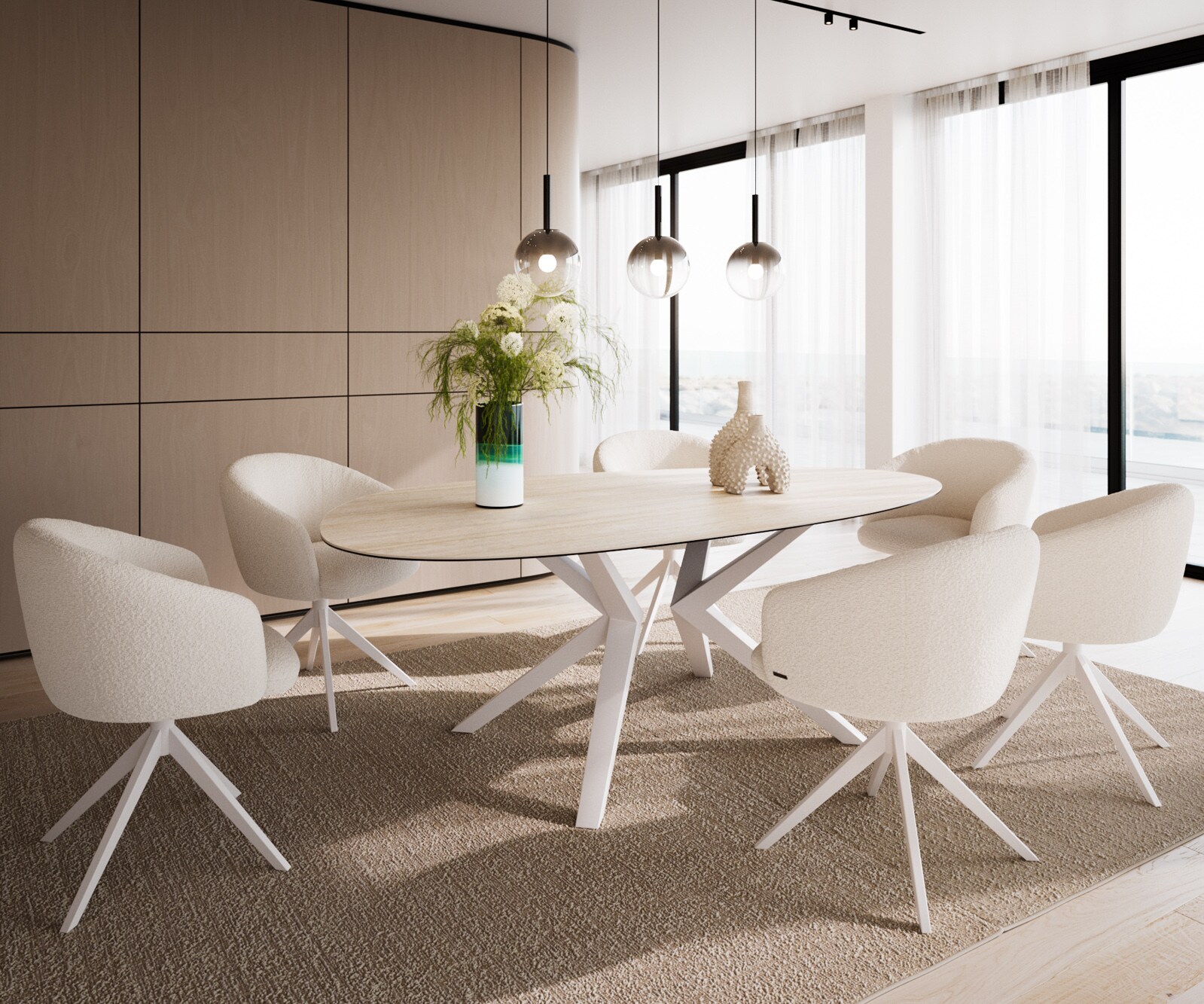 Table à manger Edge Ovale 220x120 Céramique Laminam®Travertino Bianco Crème-Blanc​ Zenthara anguleux Métal Blanc 5