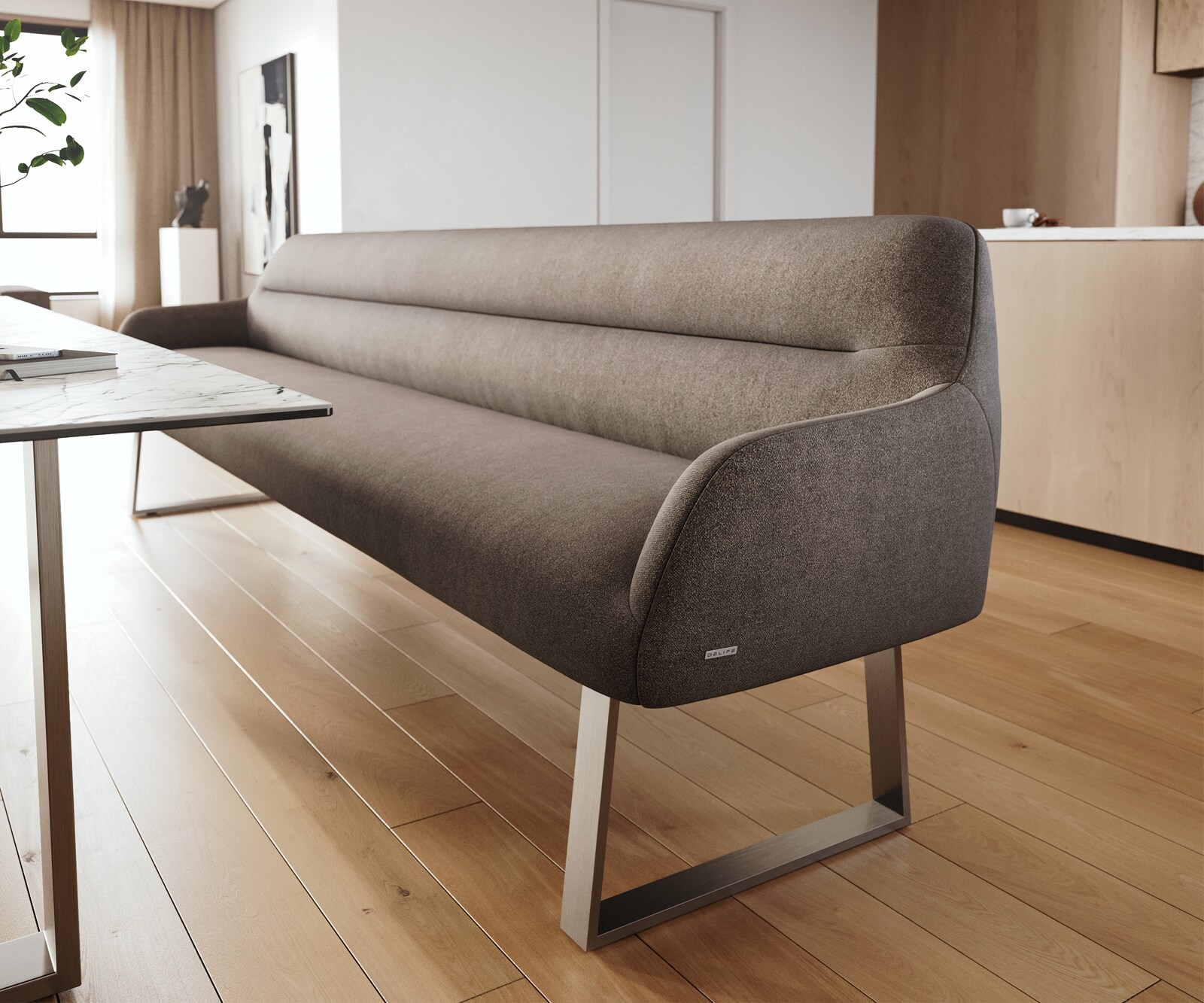 Banc-de-salle-à-manger Taya-Flex 300 cm tissu structuré doux taupe piètement à patins angulaire acier inoxydable ressort ensaché 4