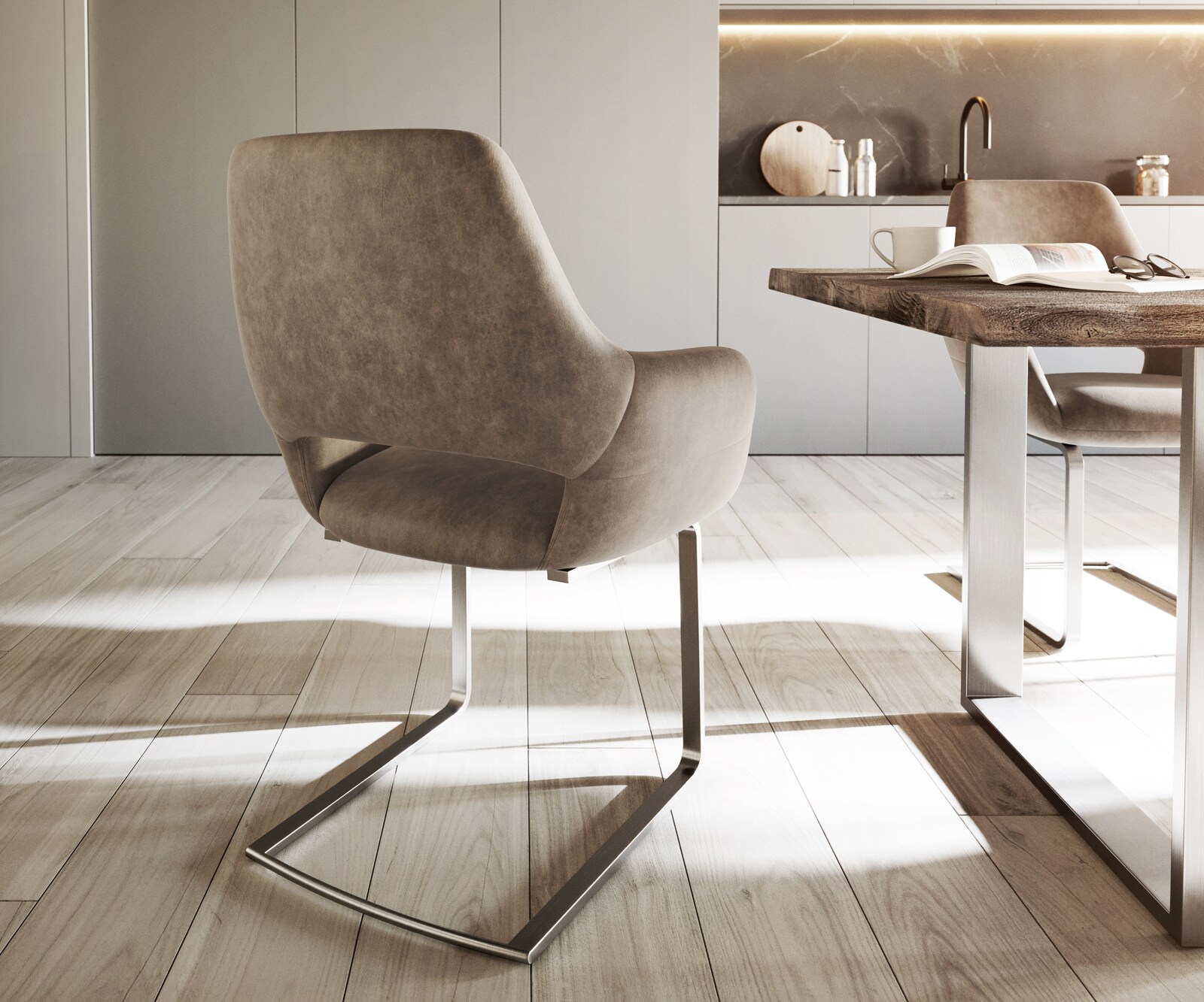 Cantilever Yago-Flex avec accoudoirs microvelours taupe vintage pied cantilever plat acier inoxydable brossé ressorts ensachés 4