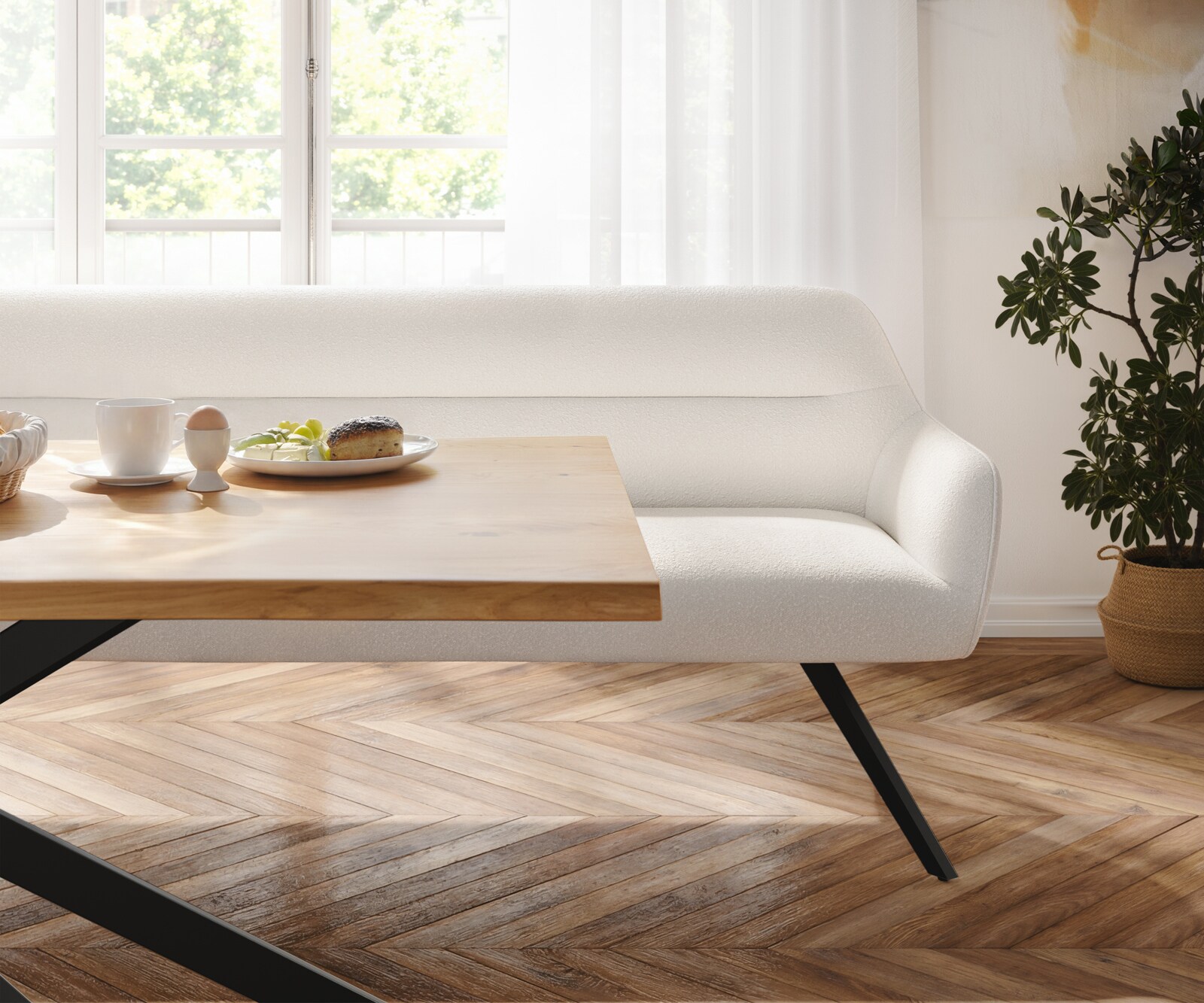 Esszimmerbank Taya-Flex 300 cm Bouclé Creme-Weiß Kreuzgestell kantig Schwarz Taschenfederkern 3
