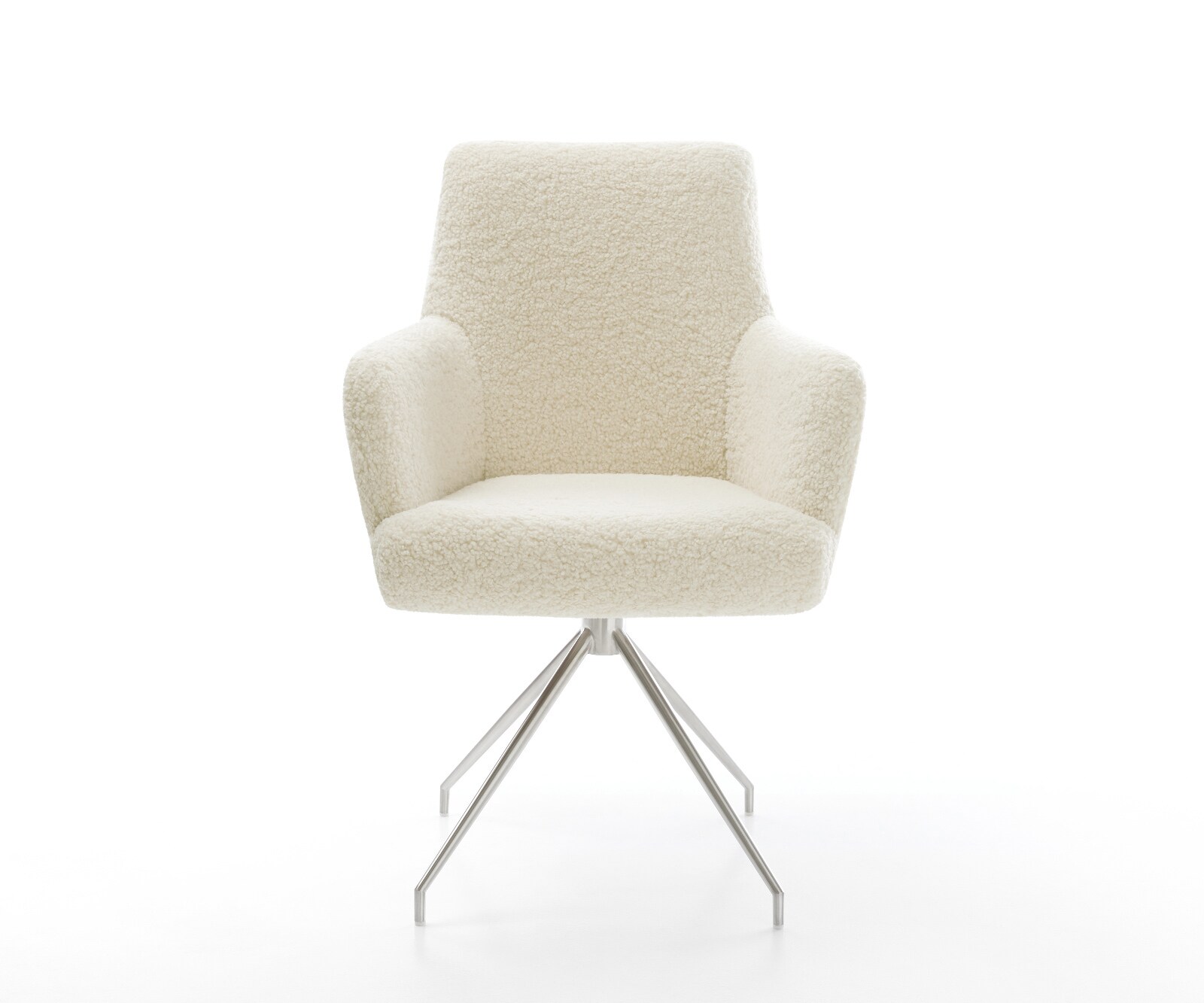 Esszimmerstuhl Heira-Flex mit Armlehnen Teddystoff Beige Kreuzgestell konisch Edelstahl Taschenfederkern 1