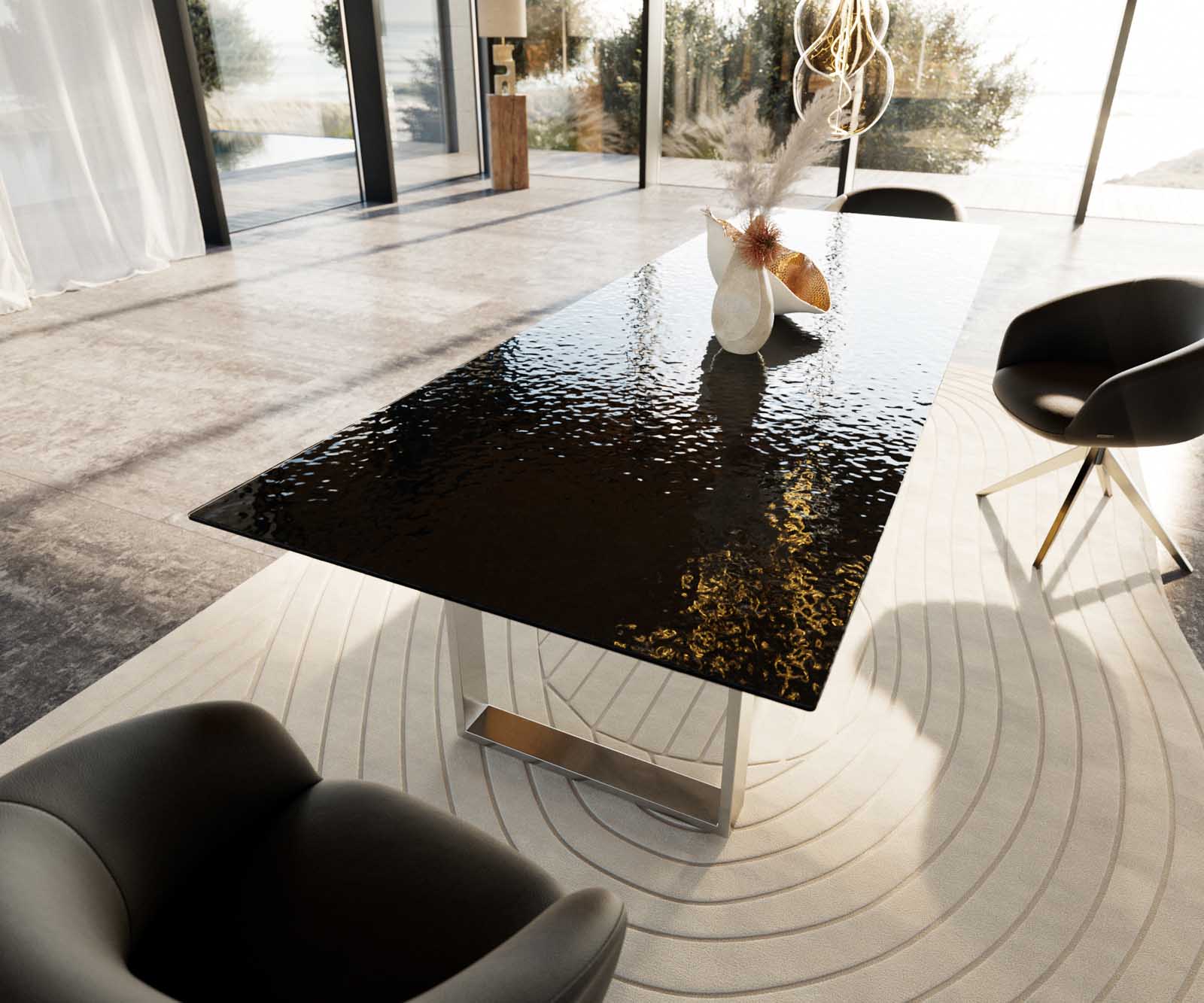 Esstisch Edge 300x100 Reliefglas Rauchschwarz 3D-Design Edelstahl Schmal 6 Esstisch Edge 300x100 Reliefglas Rauchschwarz 3D-Design Edelstahl Schmal 6