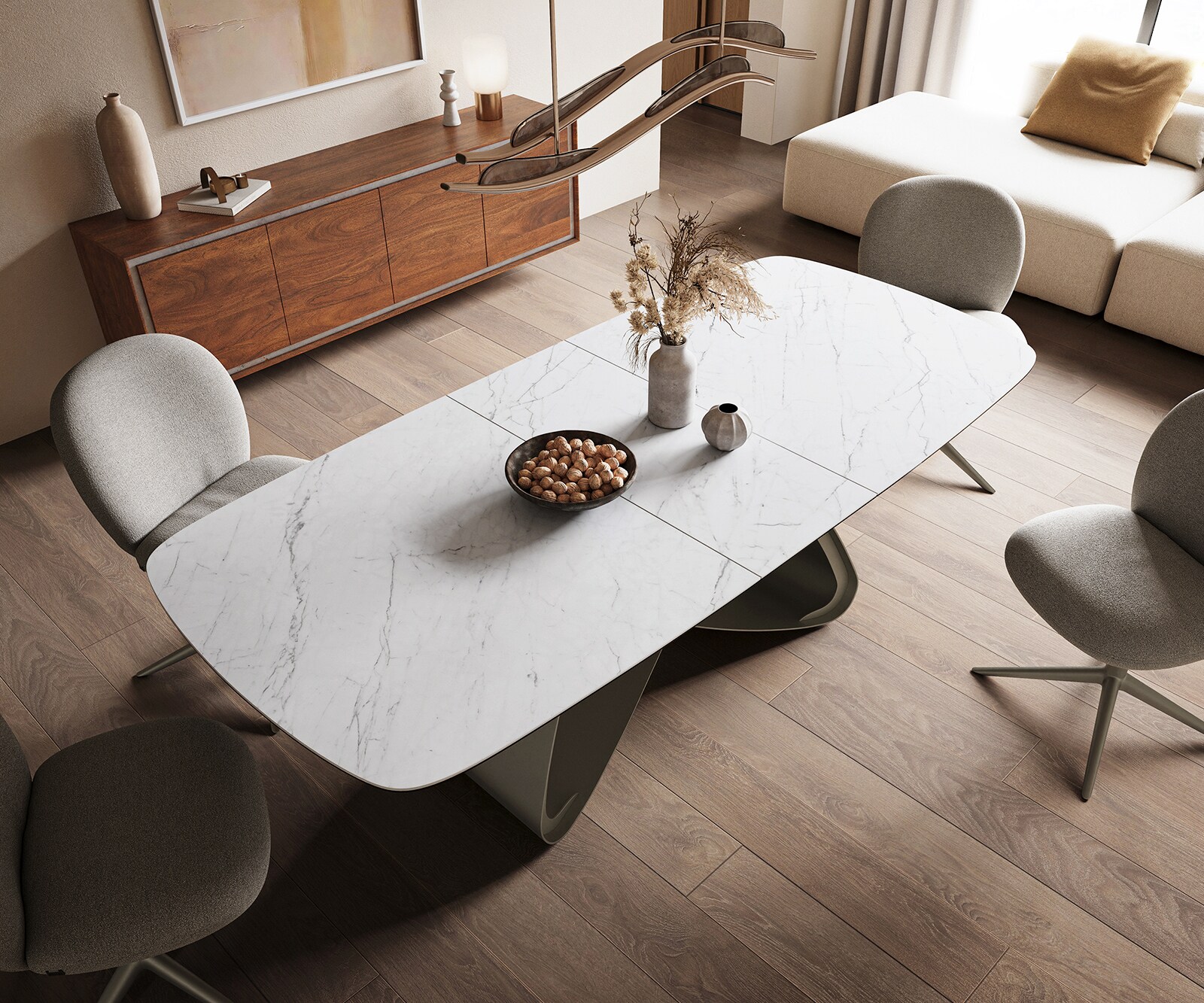 Esstisch Edge Boot 180-220x100 cm Keramik Laminam® Statuarietto Weiß W-Gestell Metall Effektfinish Titan ausziehbar 3