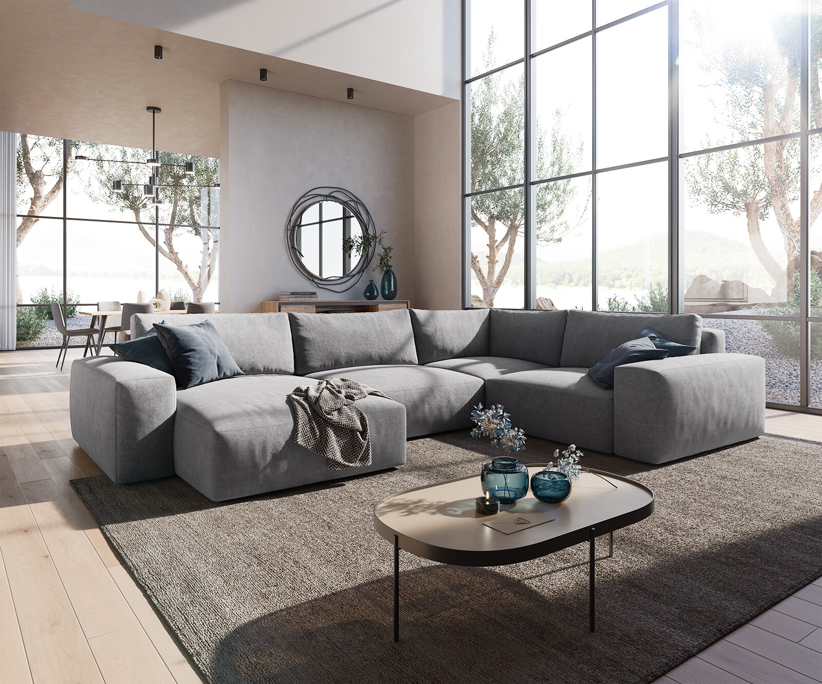 Canapé panoramique Lanzo XL 360x260 cm Microfibre Gris Recamière variable 1