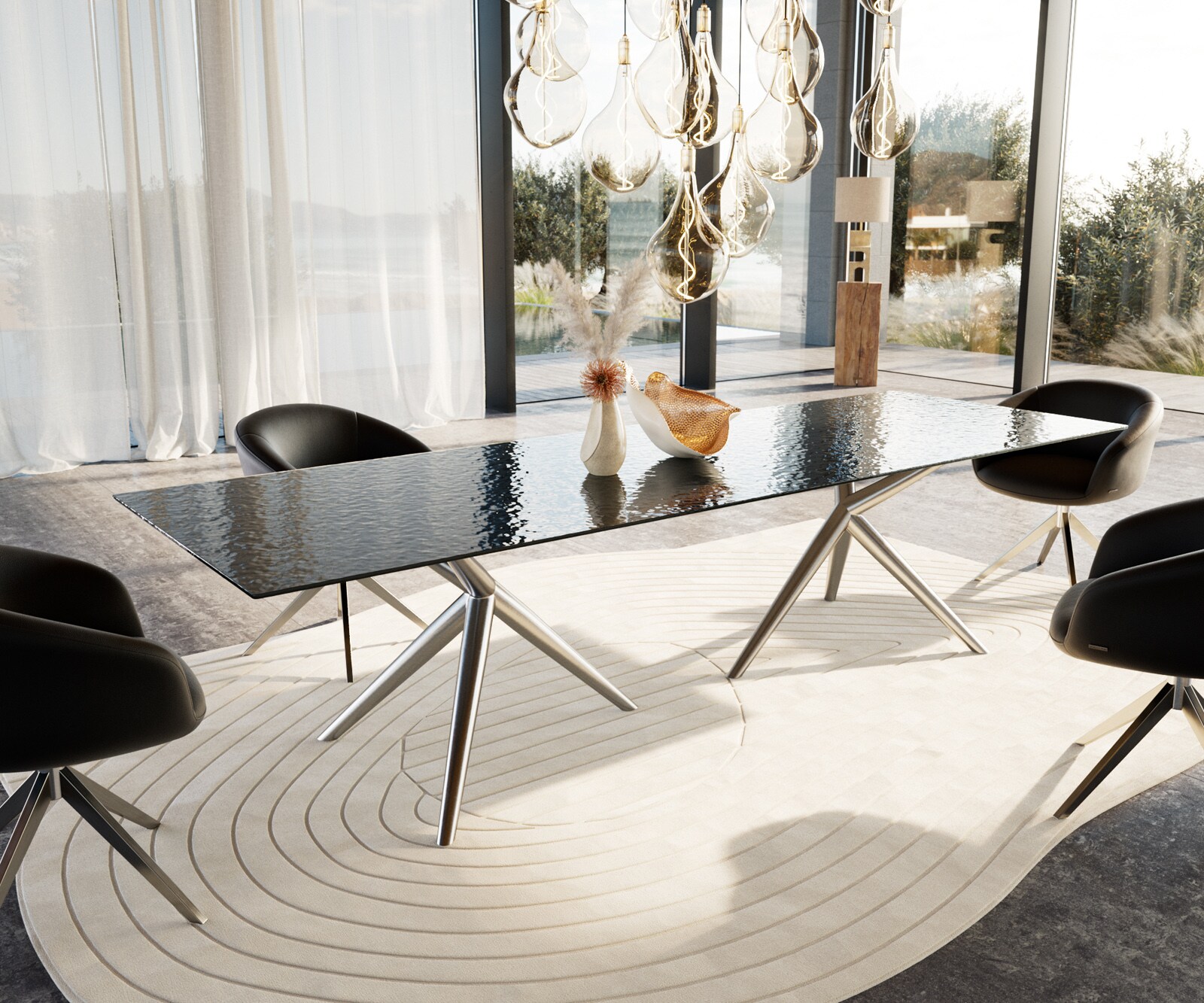 Table à manger Edge 300x100 verre en relief noir 3D-Design Estelar rond Acier inoxydable 1