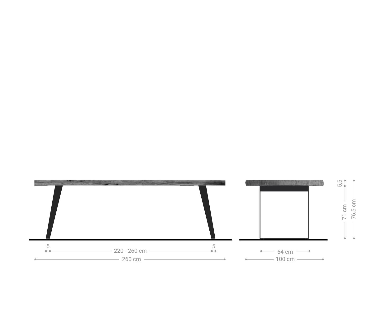 Table-à-manger Edge 260x100cm XL acacia nature acier inoxydable argent incliné Live-Edge 7