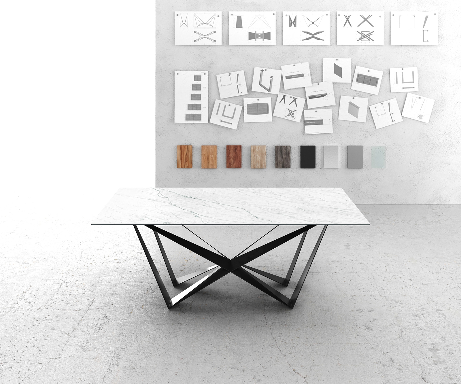 Table-à-manger Edge 200x100cm Laminam® céramique blanc pieds milieu acier plat noir 1 Table-à-manger Edge 200x100cm Laminam® céramique blanc pieds milieu acier plat noir 1
