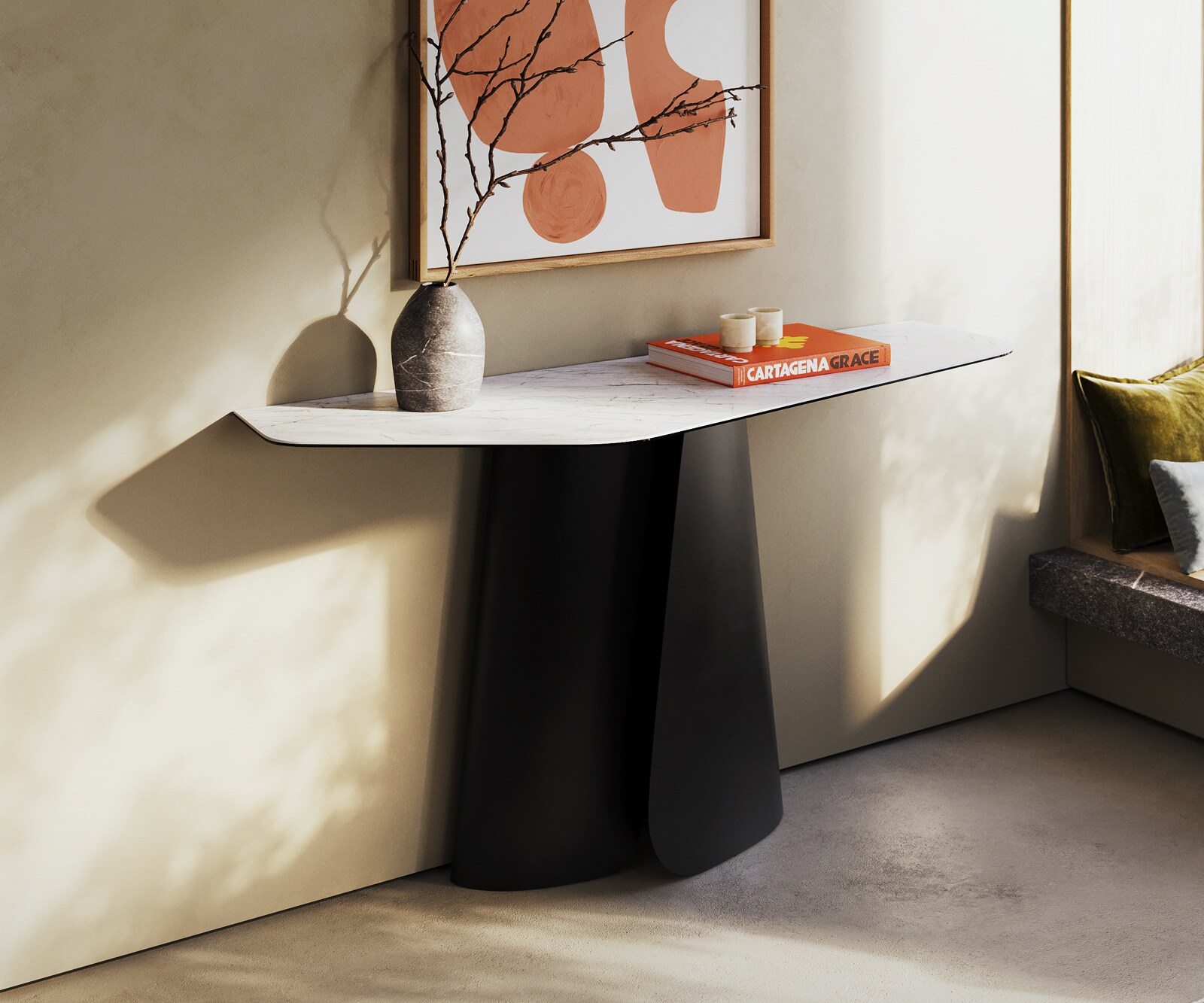 Konsolentisch Edge Polygonal 140x50 cm Keramik Laminam® Statuarietto Weiß Livos Metall Schwarz 3