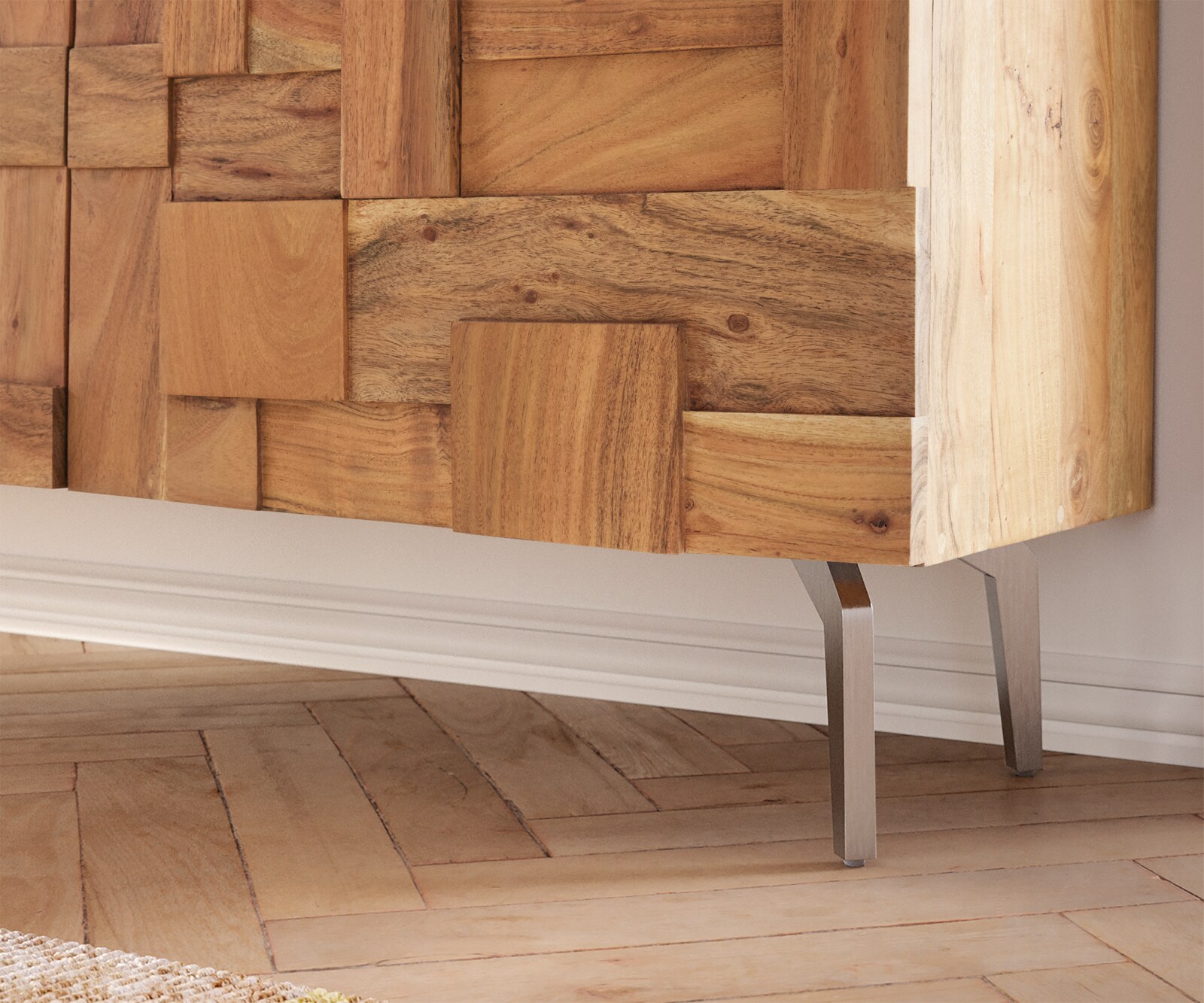 Meuble-TV Puzzle 260 cm acacia naturel pied équerre inoxydable 5