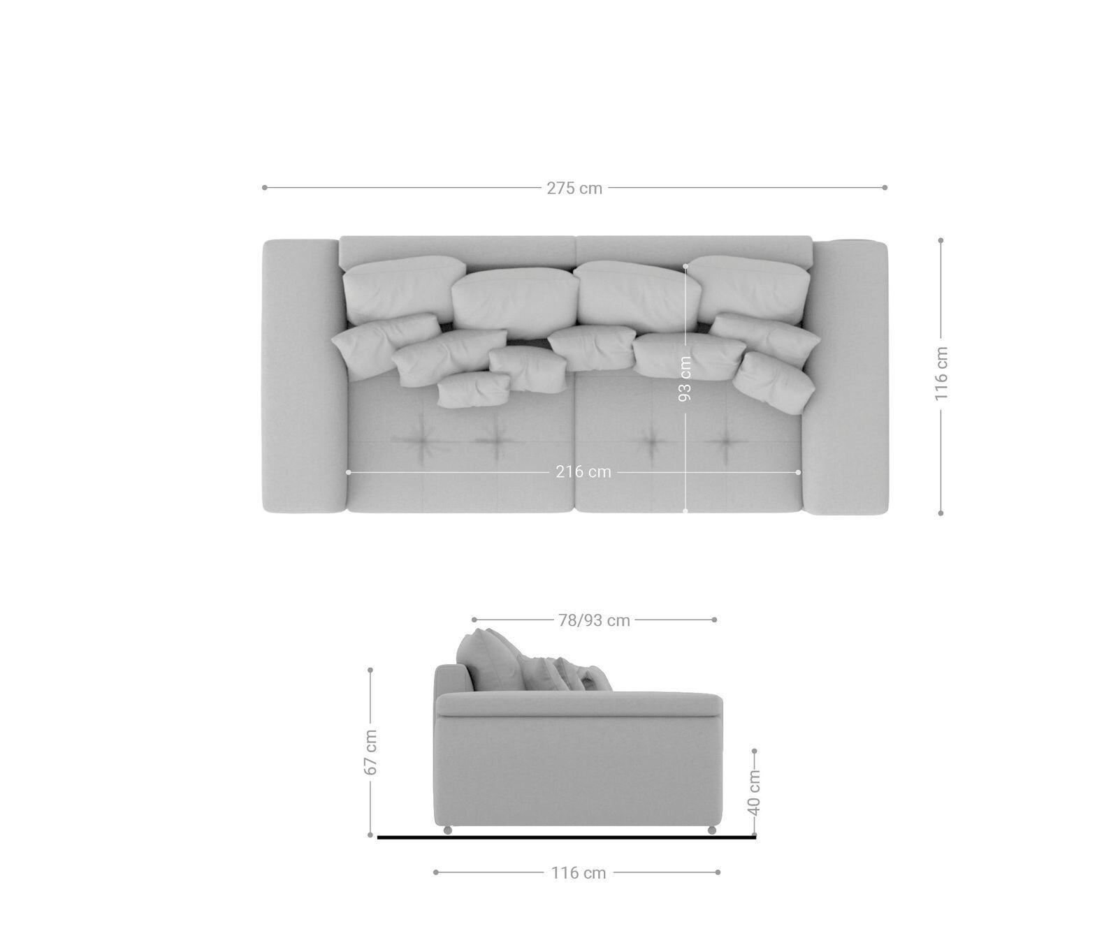 Sofa Navin 275x116 cm Grau Couch mit Kissen 6