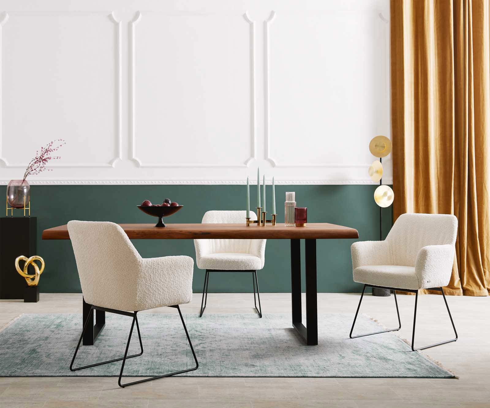 Esszimmerstuhl Xana-Flex mit Armlehnen Bouclé Weiß Kufengestell Schwarz Taschenfederkern 6 Esszimmerstuhl Xana-Flex mit Armlehnen Bouclé Weiß Kufengestell Schwarz Taschenfederkern 6