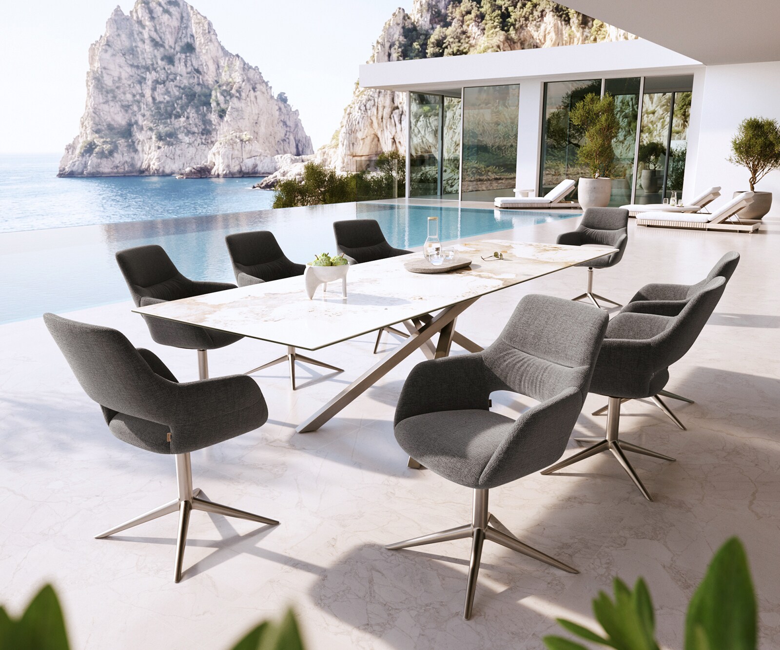 Chaise-d'extérieur Yago-Flex avec accoudoirs tissu texturé graphite pied de chaise 4 branches acier inoxydable pivotement sur 360° fonction bascule 3