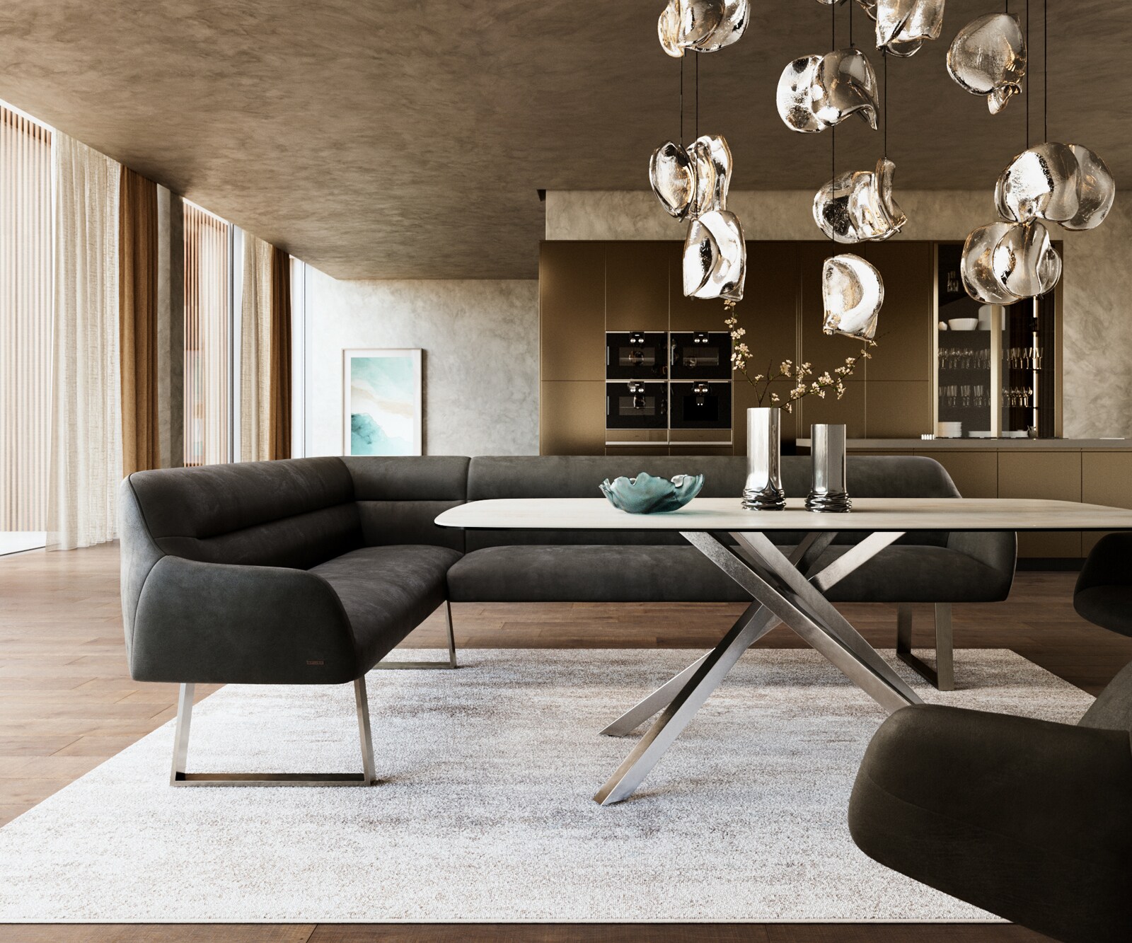 Banc-de-salle-à-manger Taya-Flex 285x190 cm microfibre antracite vintage piètement à patins angulaire acier inoxydable ressort ensaché à droite 2