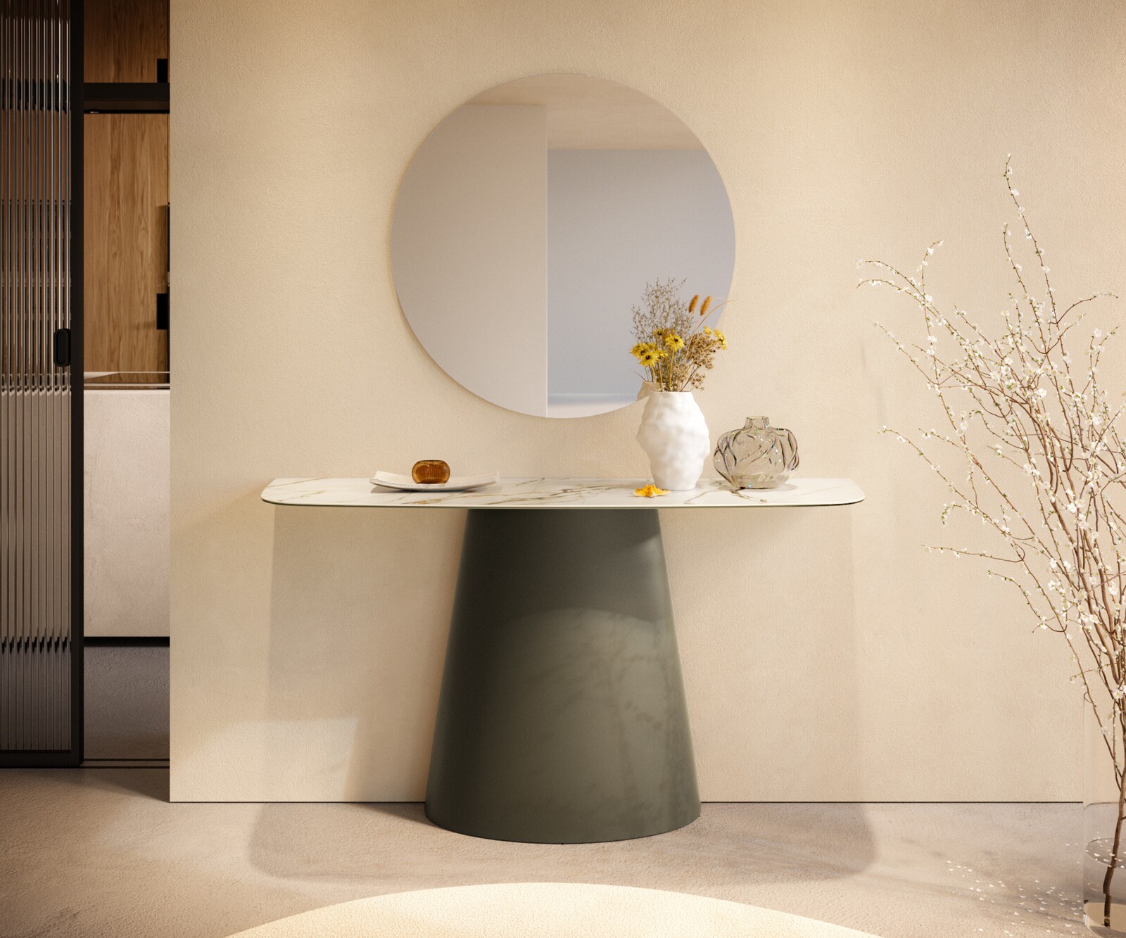 Console Edge forme bateau 140x40 cm Céramique Calacatta Luxe Weiß-Gold-Gris Conos Métal Effektfinish Titan 3