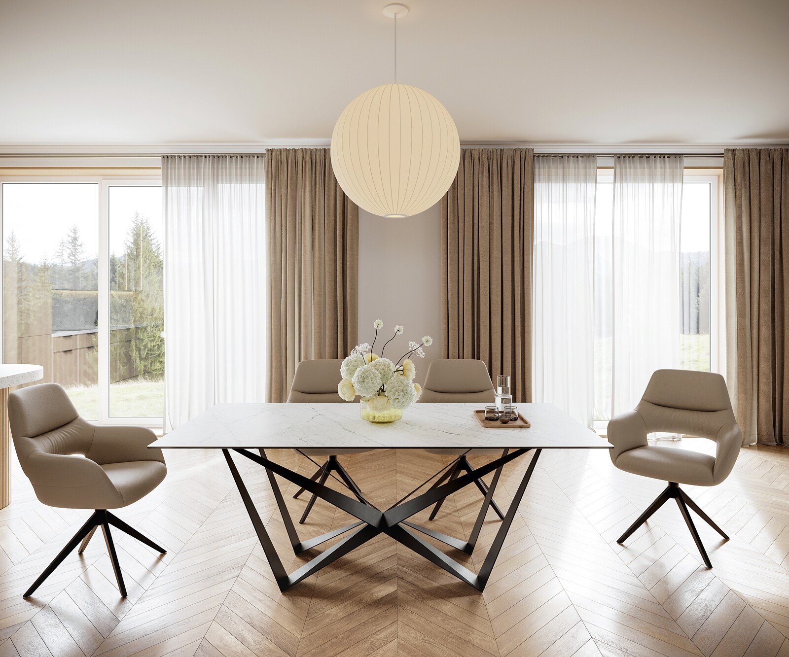 Table-à-manger Edge 200x100cm Laminam® céramique blanc pieds milieu acier plat noir 1