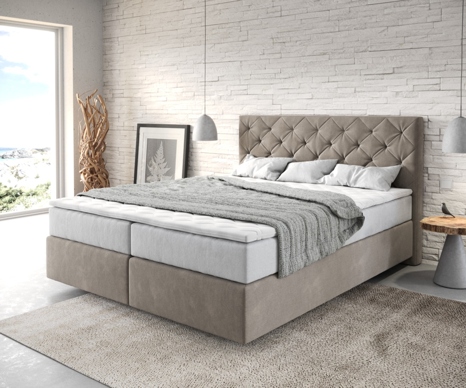 Boxspringbett Dream-Great 160x200 cm Mikrofaser Beige mit TFK Matratze und Visco Topper